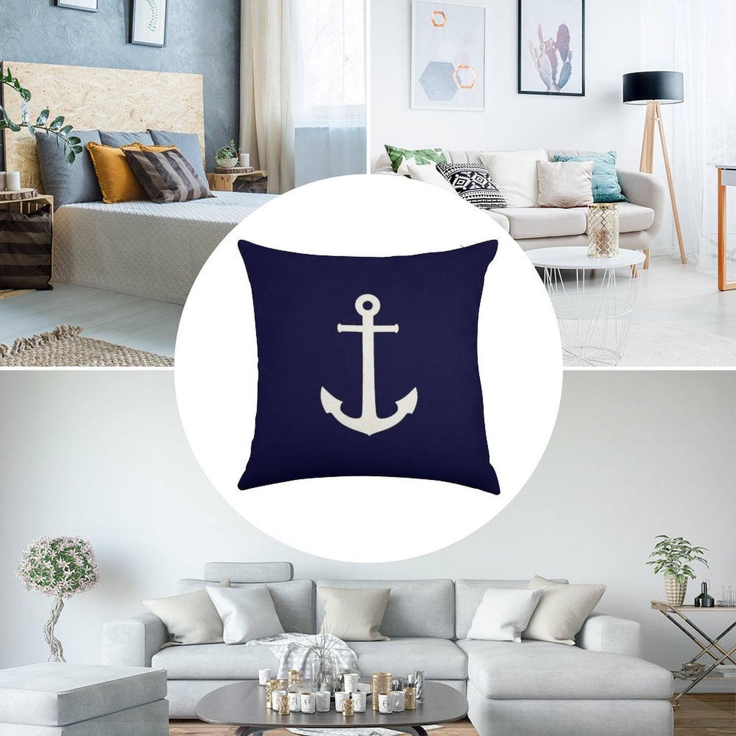 White Anchor On Navy Blue Linen Throw Pillow Cover