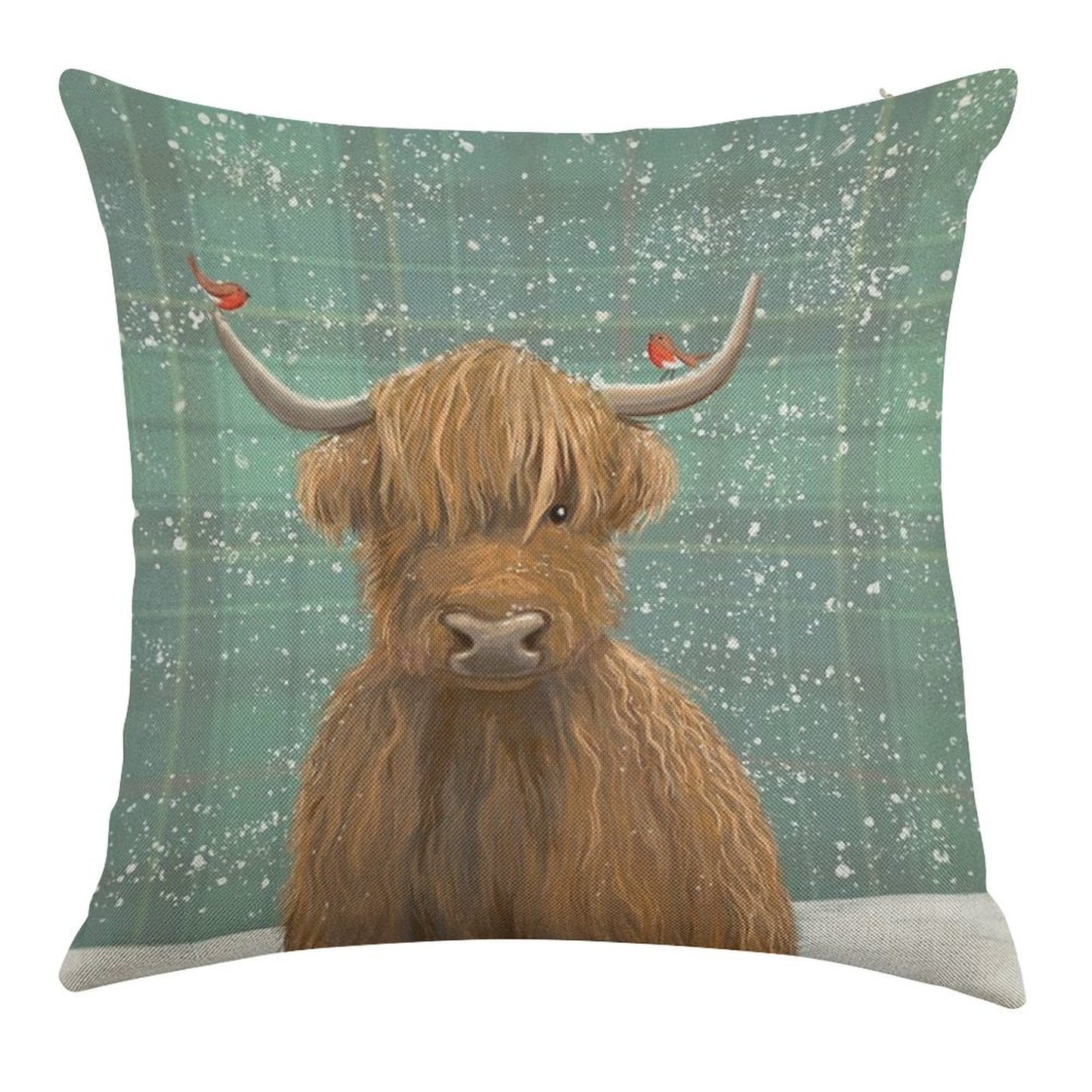 Scottish Highland Cow Winter Robins Tartan Linen Throw Pillow Cover