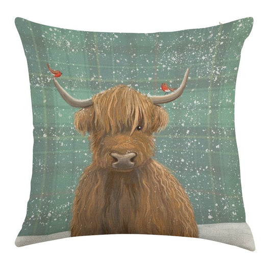 Scottish Highland Cow Winter Robins Tartan Linen Throw Pillow Cover