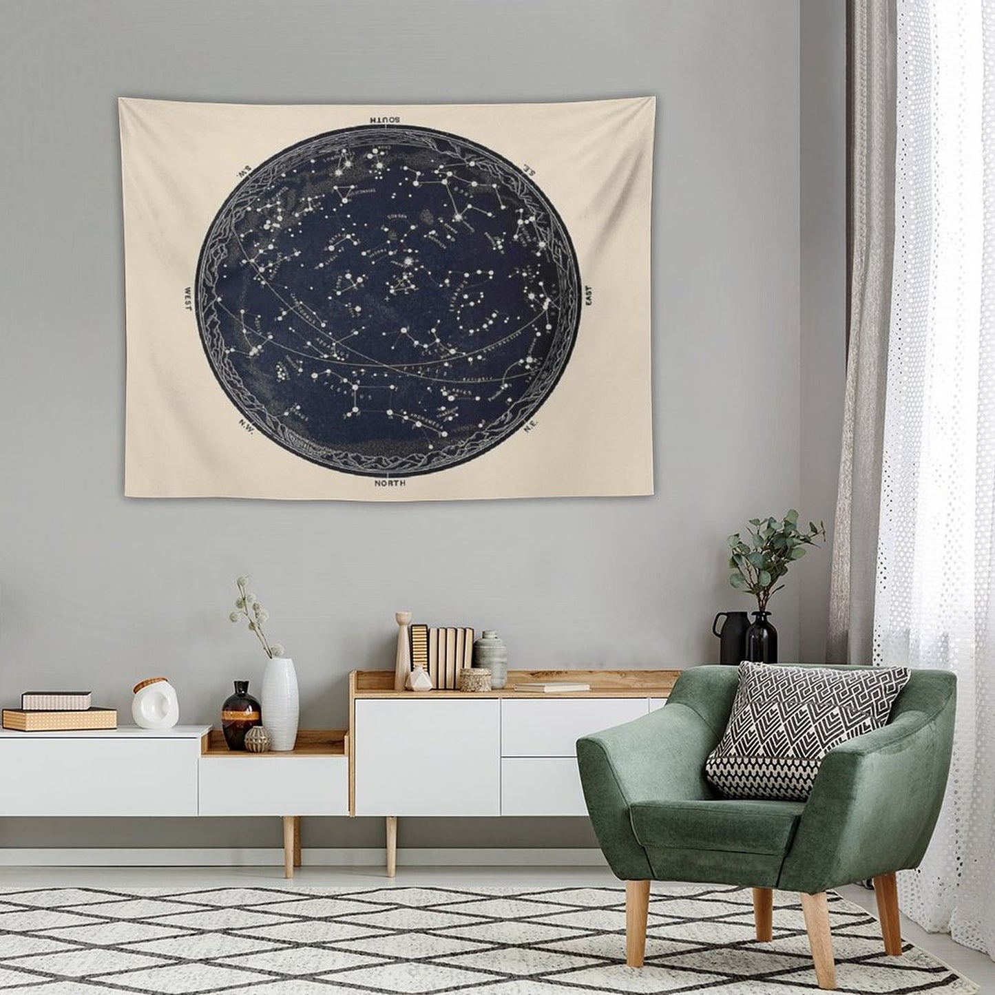 Antique Map of The Night Sky, 19th Century Astronomy Tapestry
