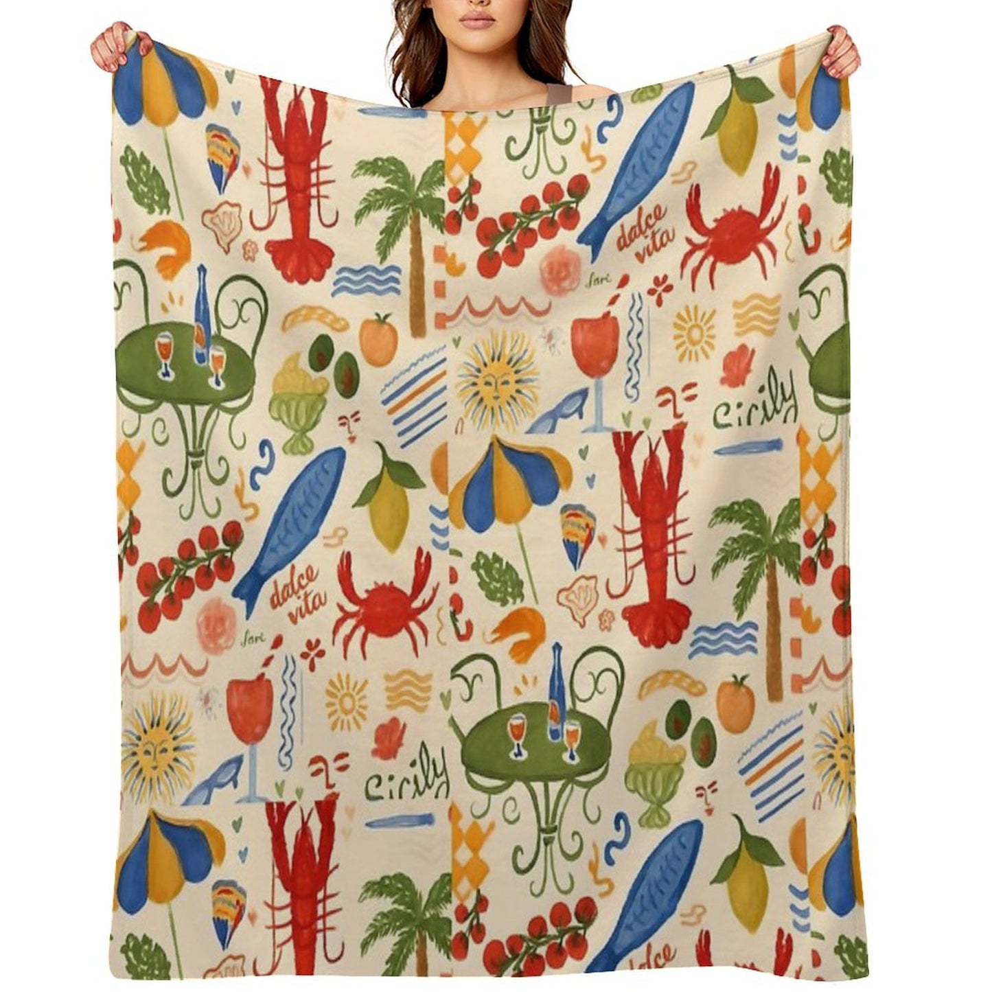 A Dolce Vita – Italian Summer Pattern with Seafood & Sun Throw Blanket