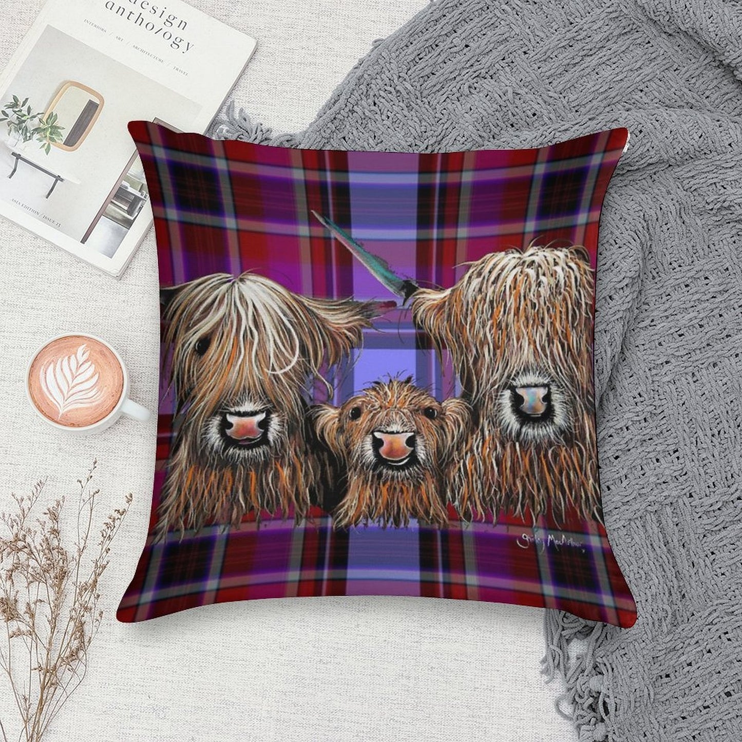 SCoTTiSH HiGHLaND CoW ' TaRTaN We 3 CooS P ' BY SHiRLeY MacARTHuR Soft Hidden Zipper Throw Pillow