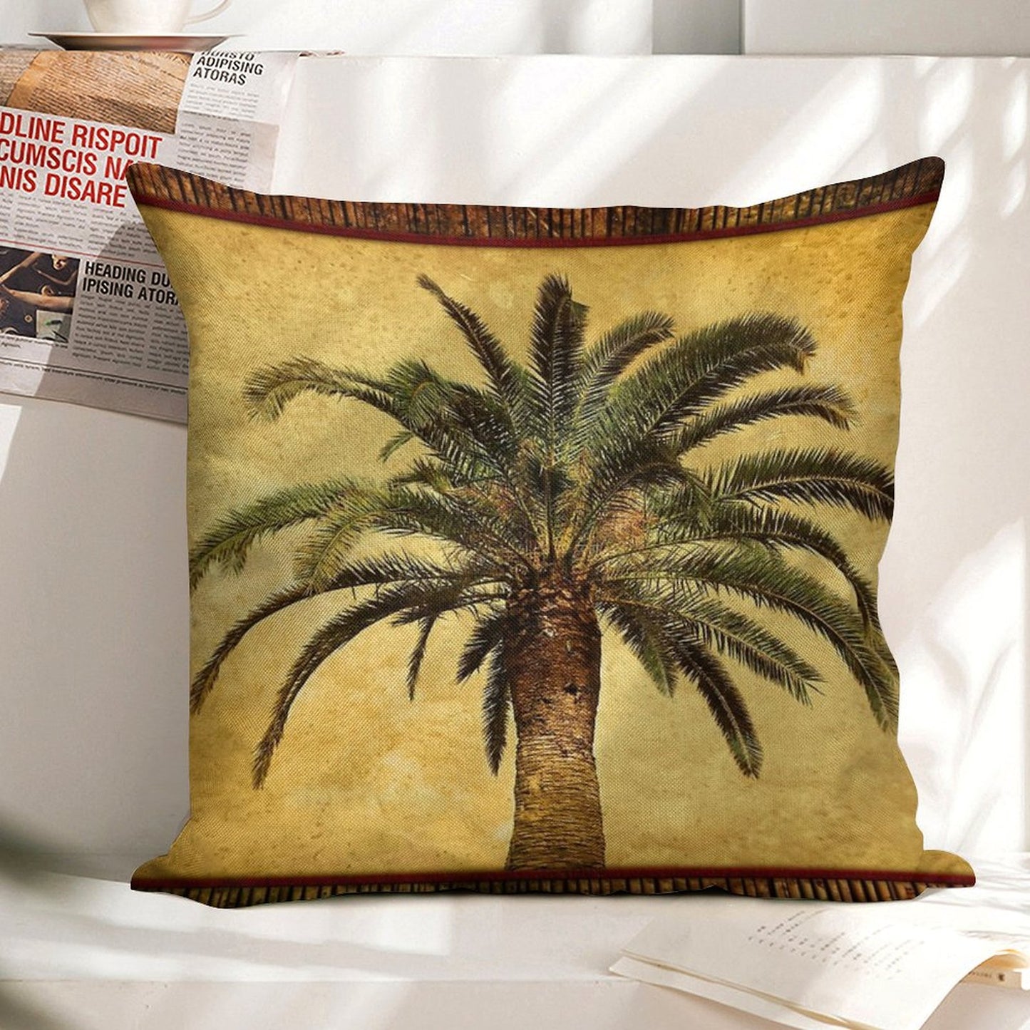 Tropical Retro Palm Tree Vintage Hawaiian Palms Linen Throw Pillow Cover
