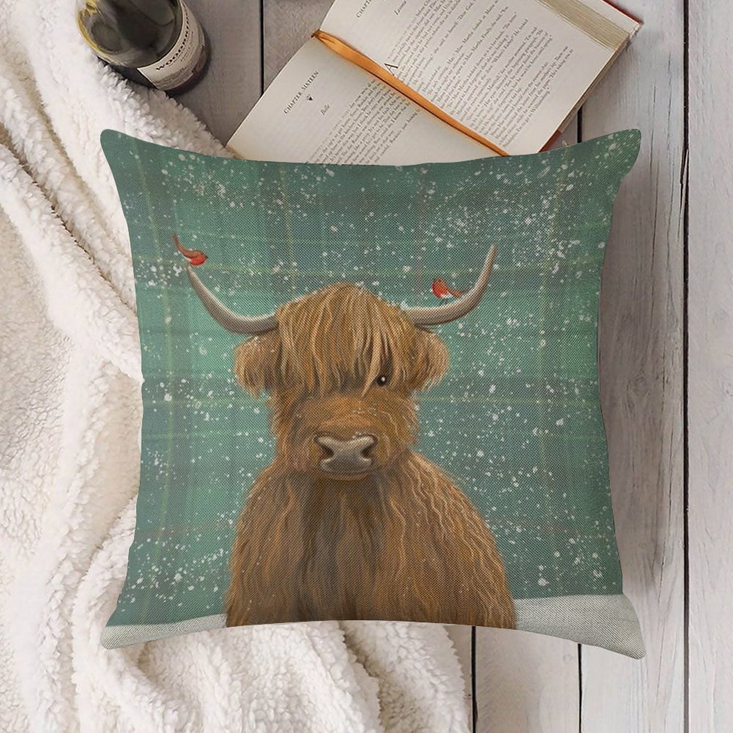Scottish Highland Cow Winter Robins Tartan Linen Throw Pillow Cover