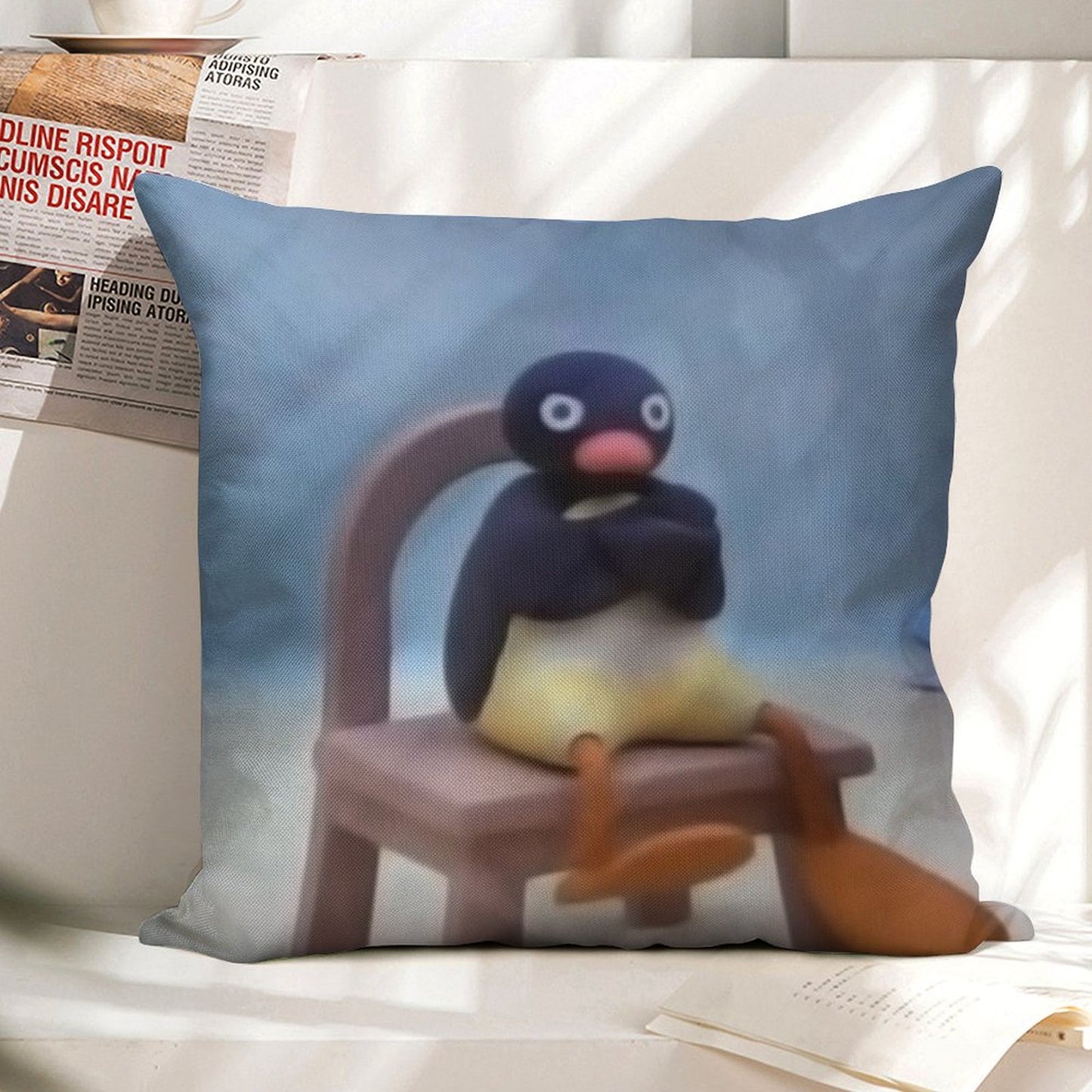 Angry Pingu Linen Throw Pillow Cover