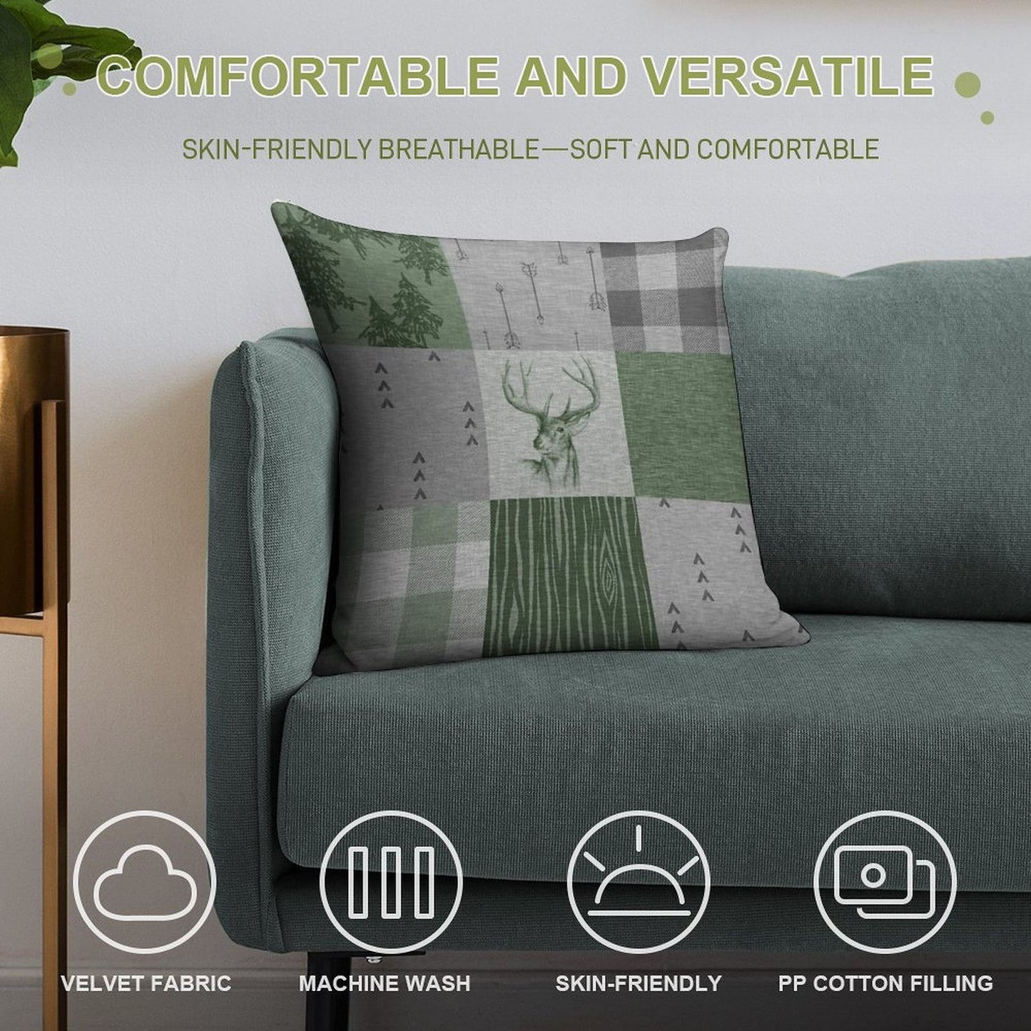 Rustic Deer Patchwork - GreenGrey Soft Fade-Resistant Throw Pillow