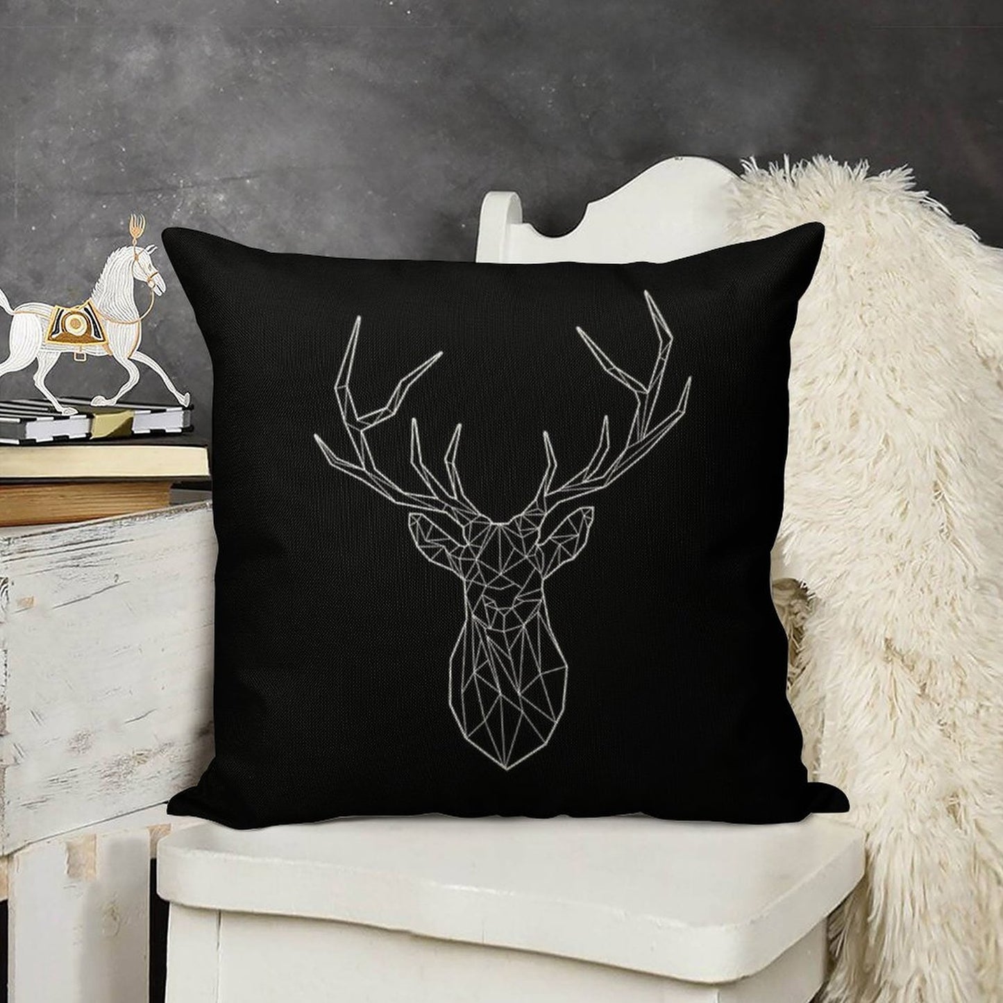 Geometric Stag - BLACK Linen Throw Pillow Cover