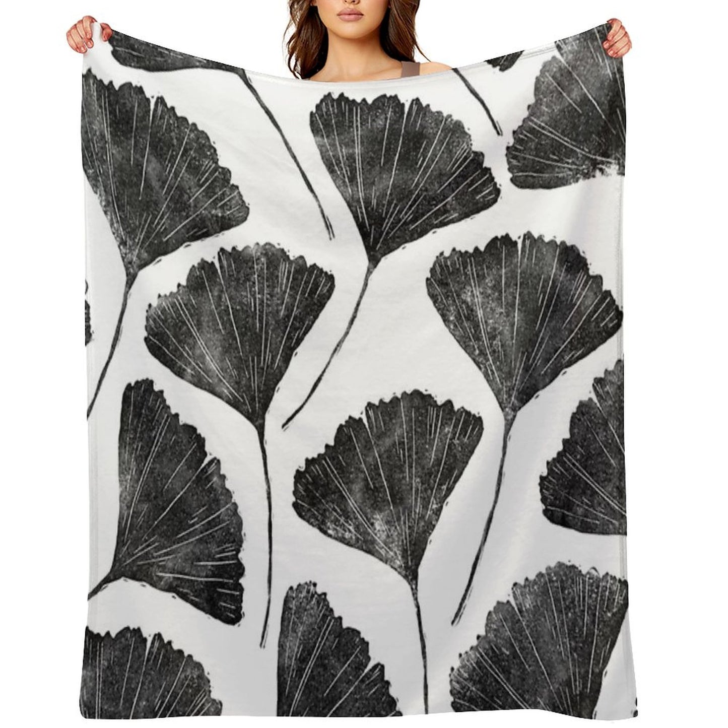 Ginkgo Biloba, Lino Cut Nature Inspired Leaf Pattern Throw Blanket
