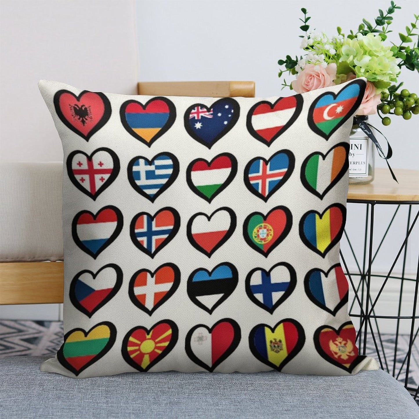 Eurovision Song Contest Flags Hearts ESC EBU Eurofans Linen Throw Pillow Cover