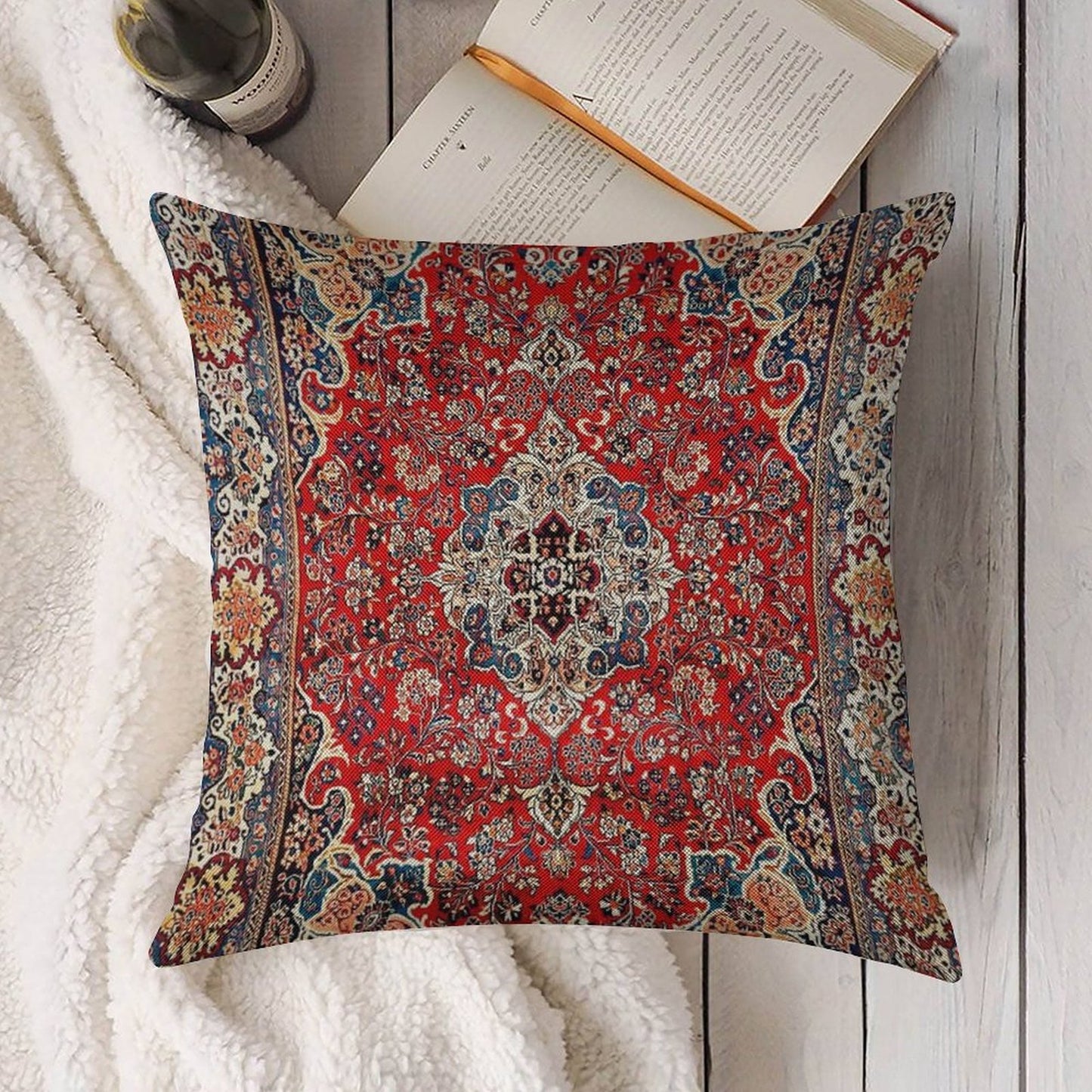 Red Blue Sarouk Persian Carpet Print Linen Throw Pillow Cover