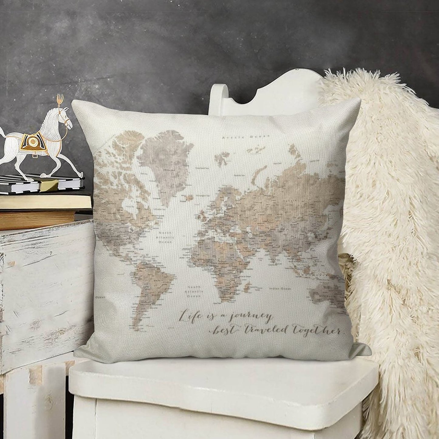 Life Is A Jouney Best Travelled Together, World Map, Abey Linen Throw Pillow Cover