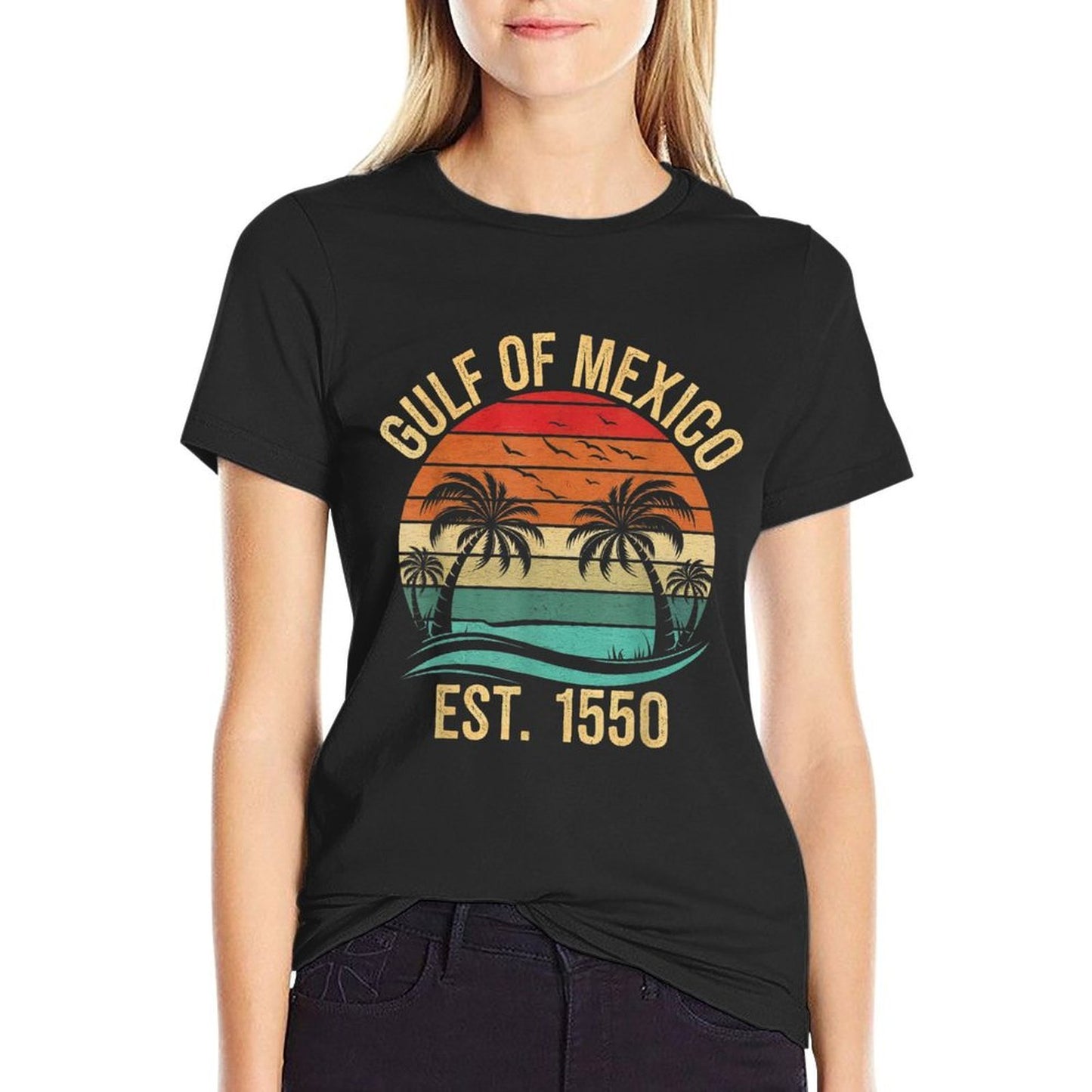 Gulf of Mexico Women Est 1550 Retro Vintage Beach Ribbed Collar T-Shirt