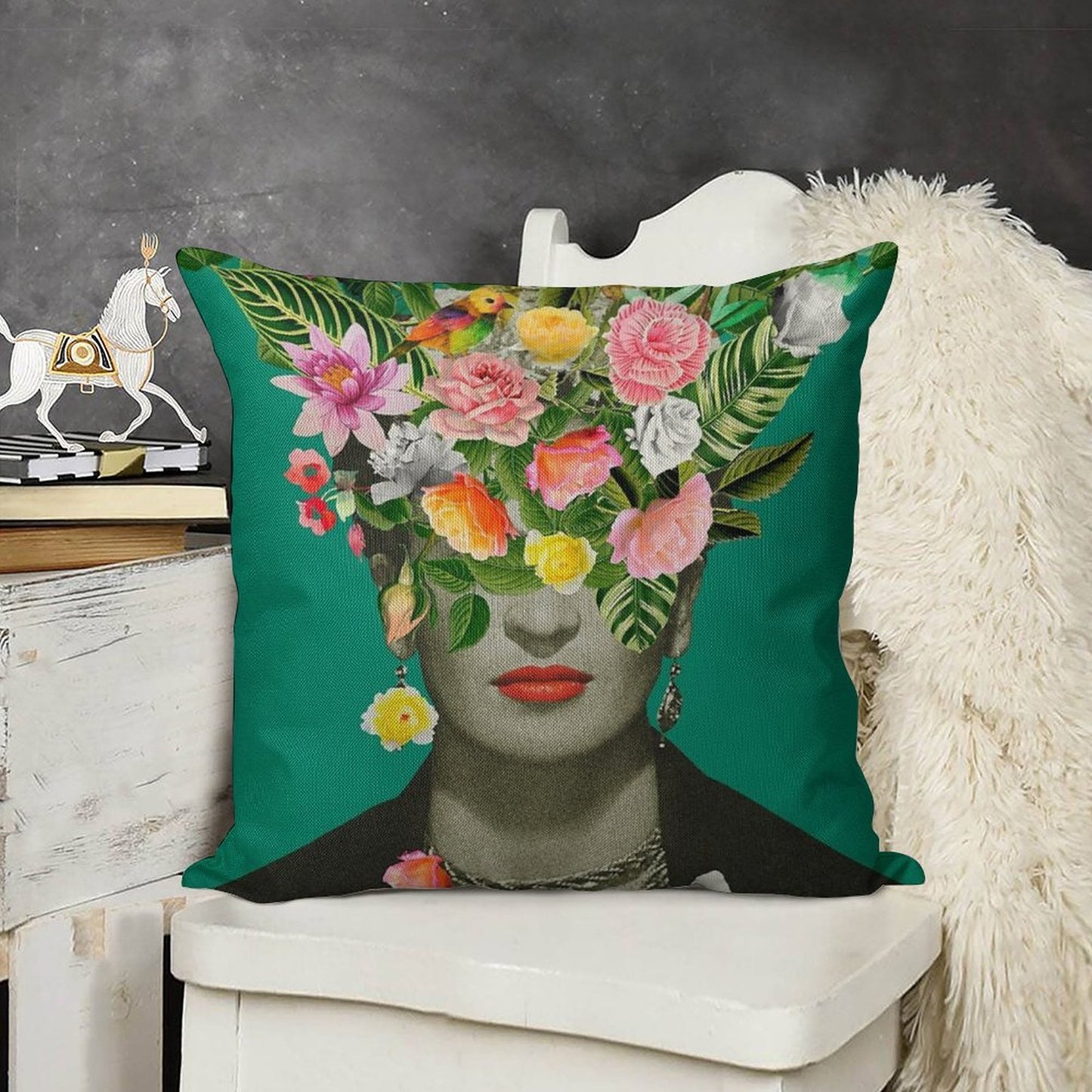 Frida Floral (Green) Linen Throw Pillow Cover