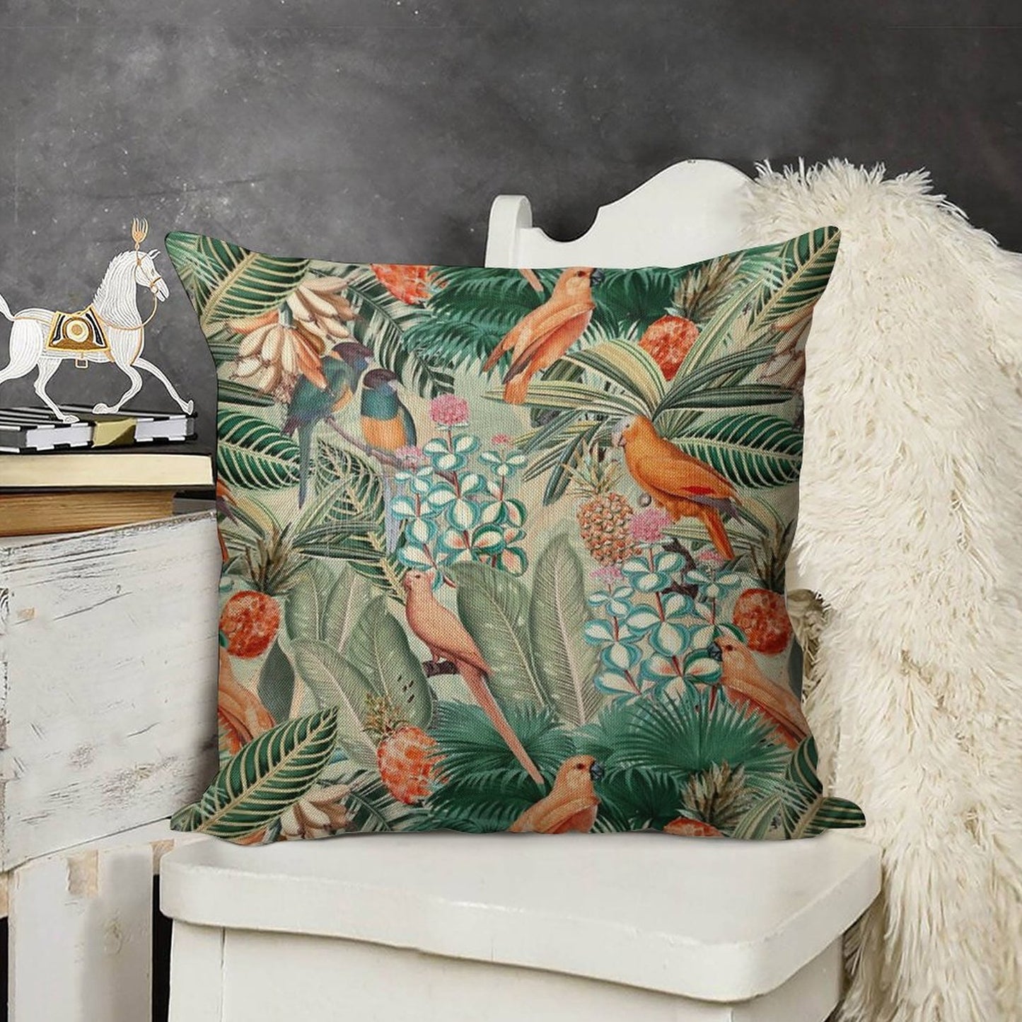 Vintage Orange Tropical Bird Jungle Botanical Garden Nightgarden Linen Throw Pillow Cover
