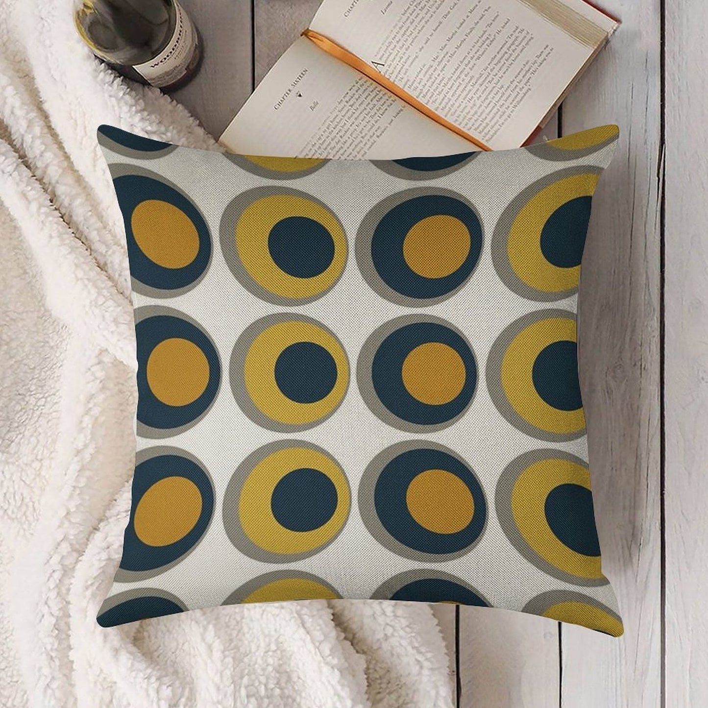Double Dots Retro Pattern in Light And Dark Mustard Yellow, Navy Blue, Grey, And White Linen Throw Pillow Cover