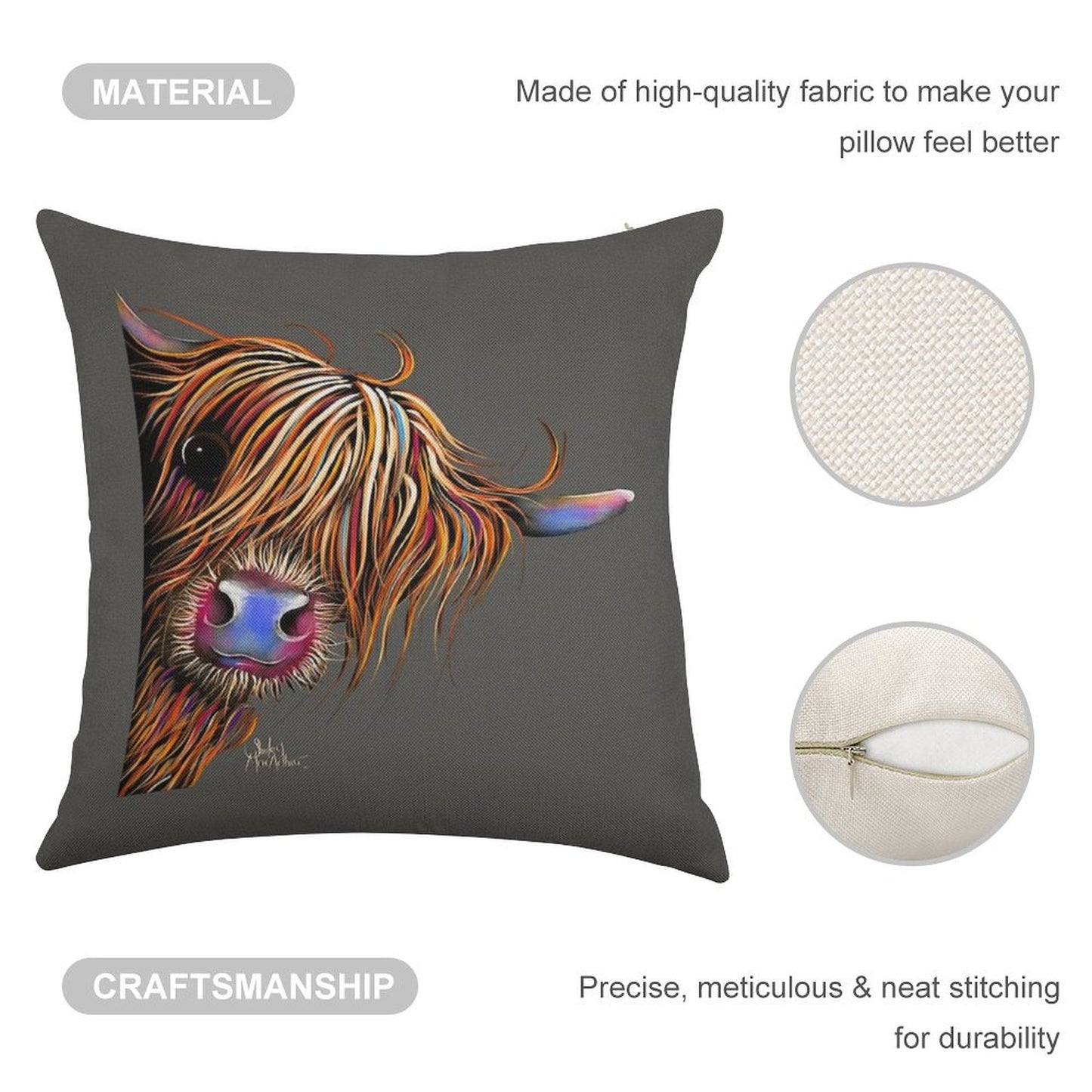 HiGHLaND CoW PRiNT SCoTTiSH ' SuGaR LuMP ON GReY ‘ BY SHiRLeY MacARTHuR Linen Throw Pillow Cover