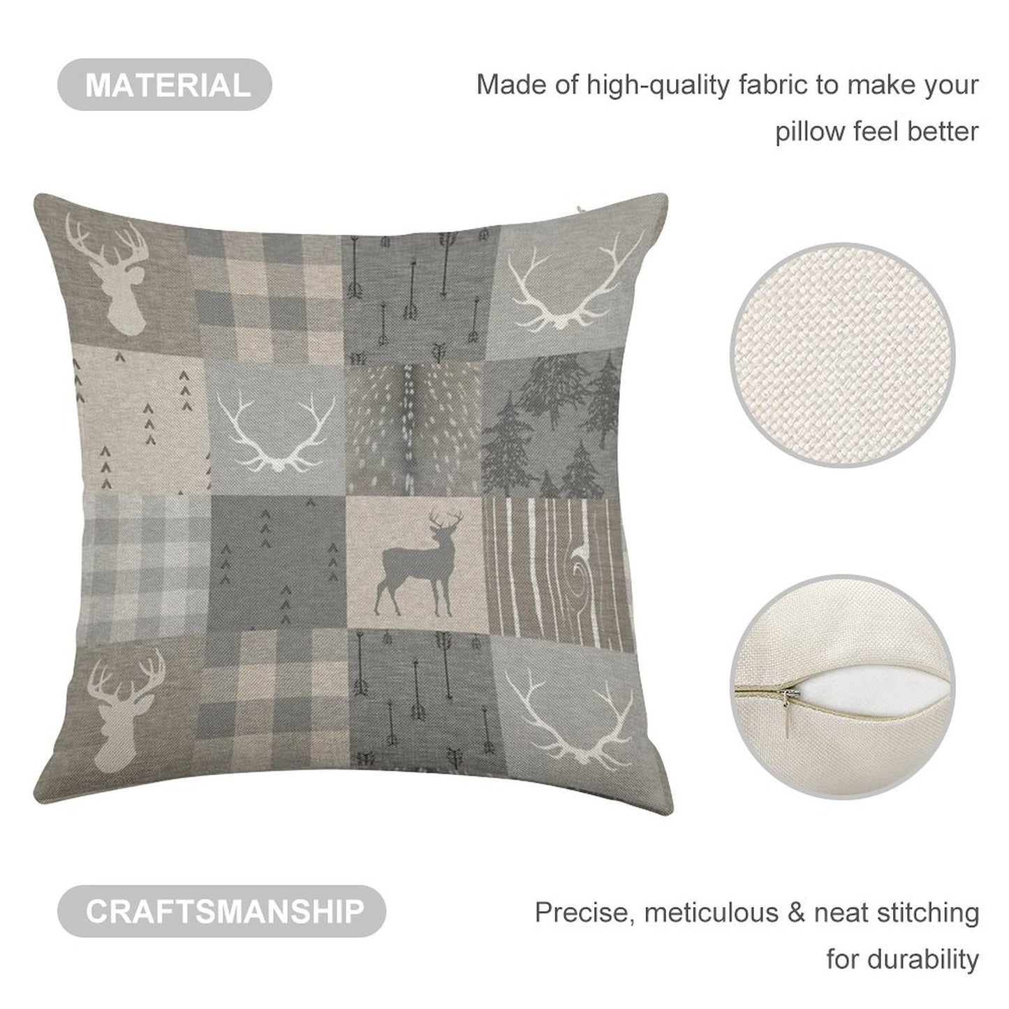 Rustic Woodland Patchwork - Grey And Beige Linen Throw Pillow Cover