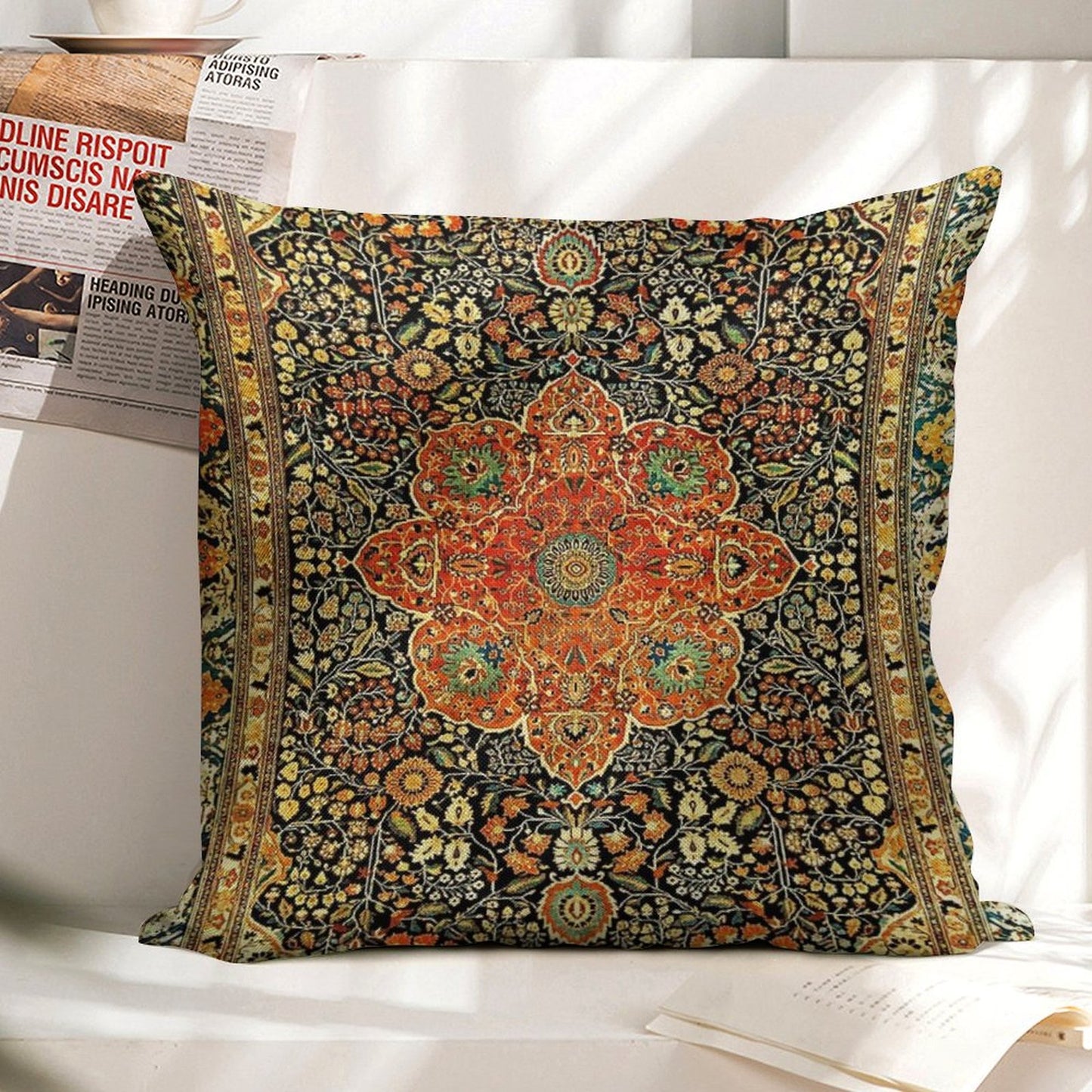Antique Persian Mohtashem Kashan Rug Print Linen Throw Pillow Cover