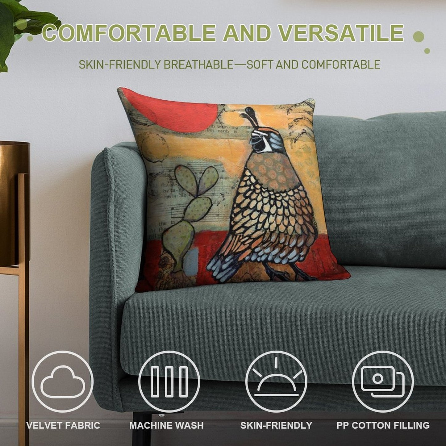 Desert Quail Red Sun Cactus Soft Warmth Comfort Throw Pillow