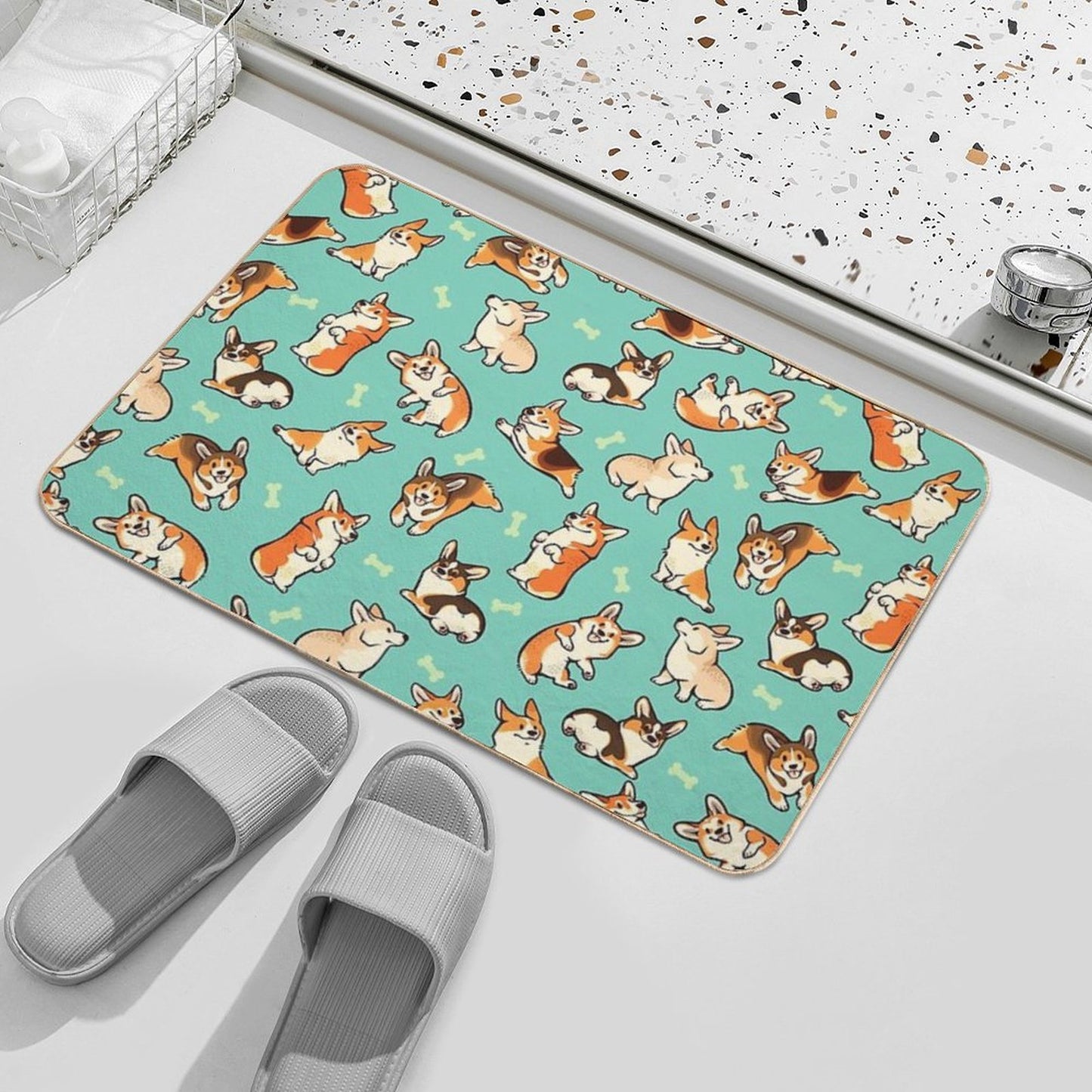 Jolly Corgis in Green Bath Mat