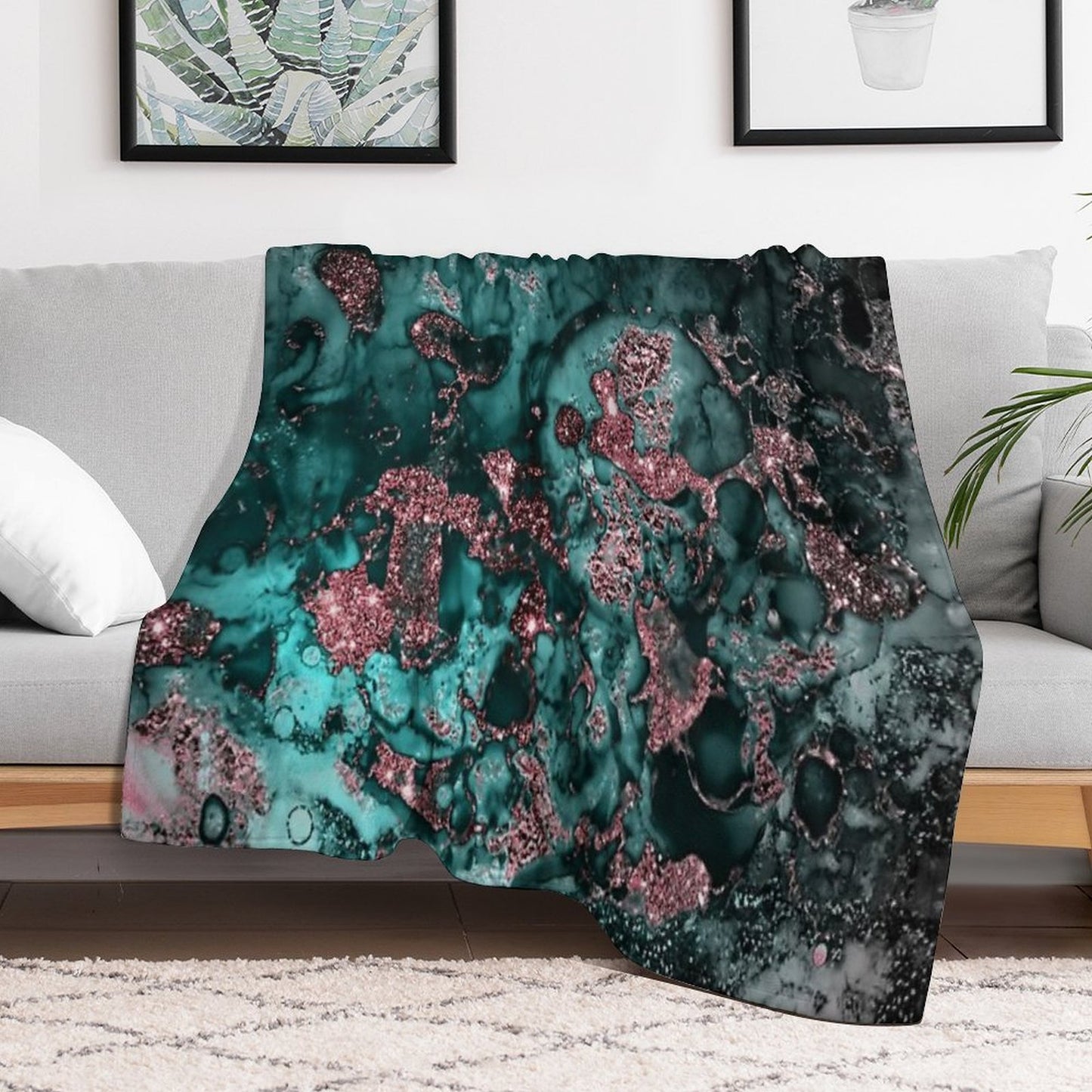 Pink And Emerald Faux Marble Throw Blanket