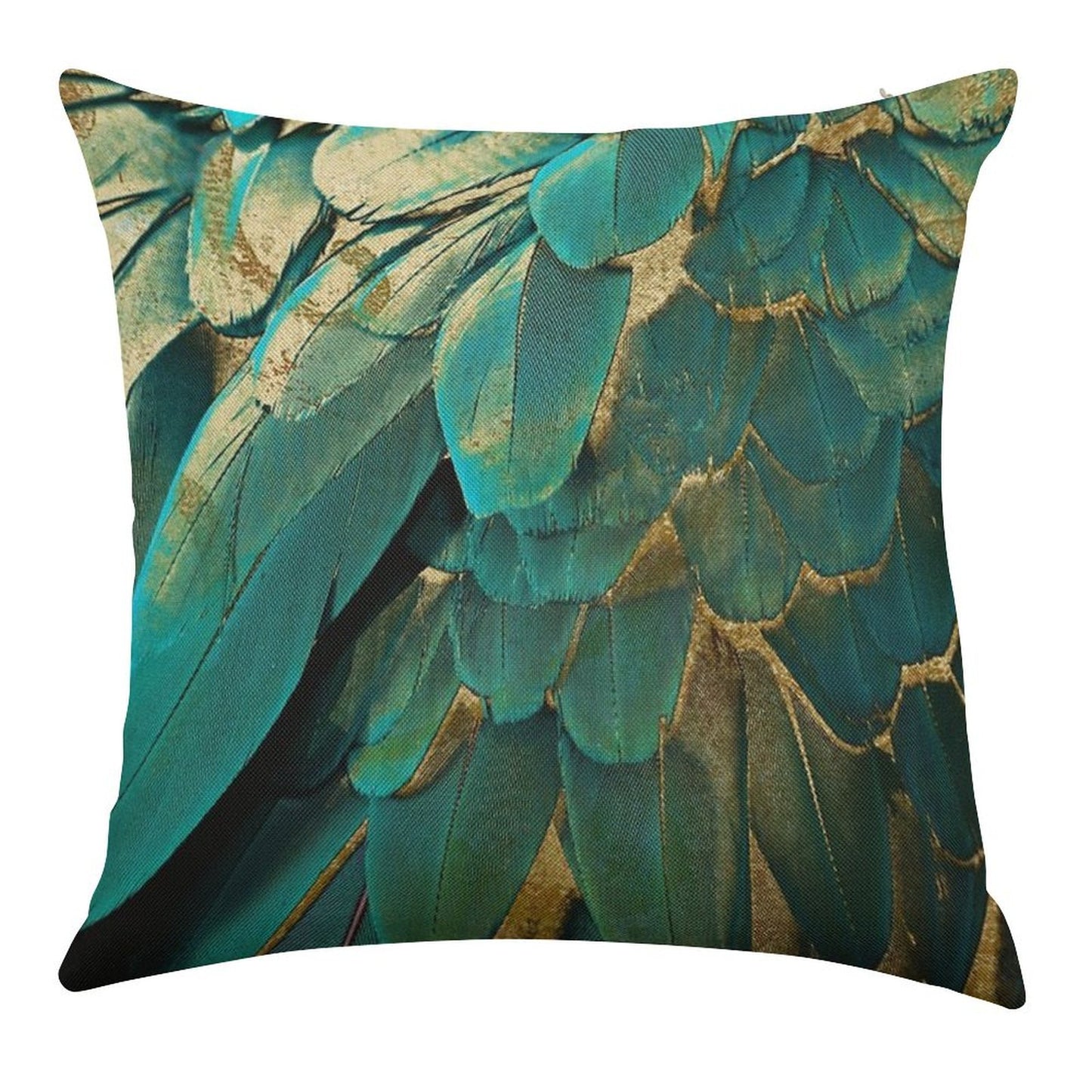 Feather Glitter Teal And Gold Linen Throw Pillow Cover