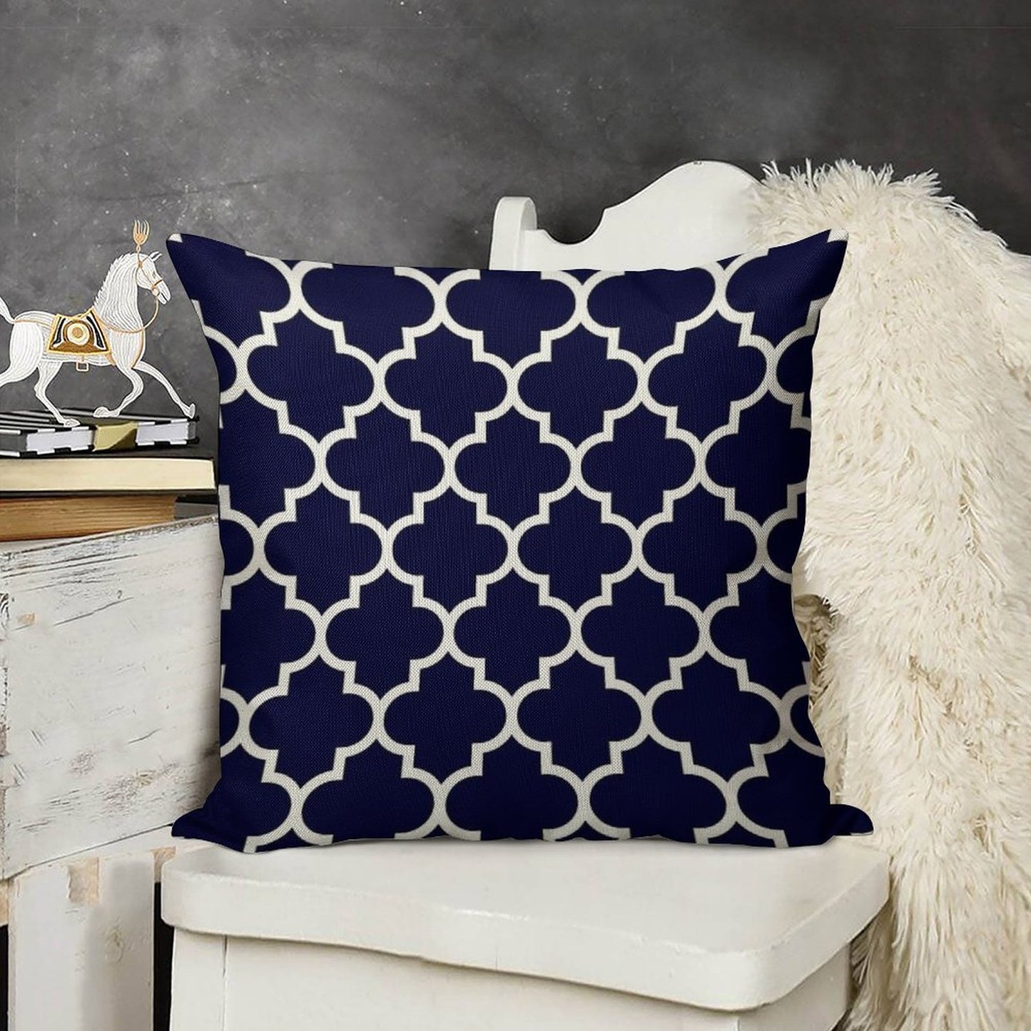 Navy Blue Quatrefoil Pattern Linen Throw Pillow Cover