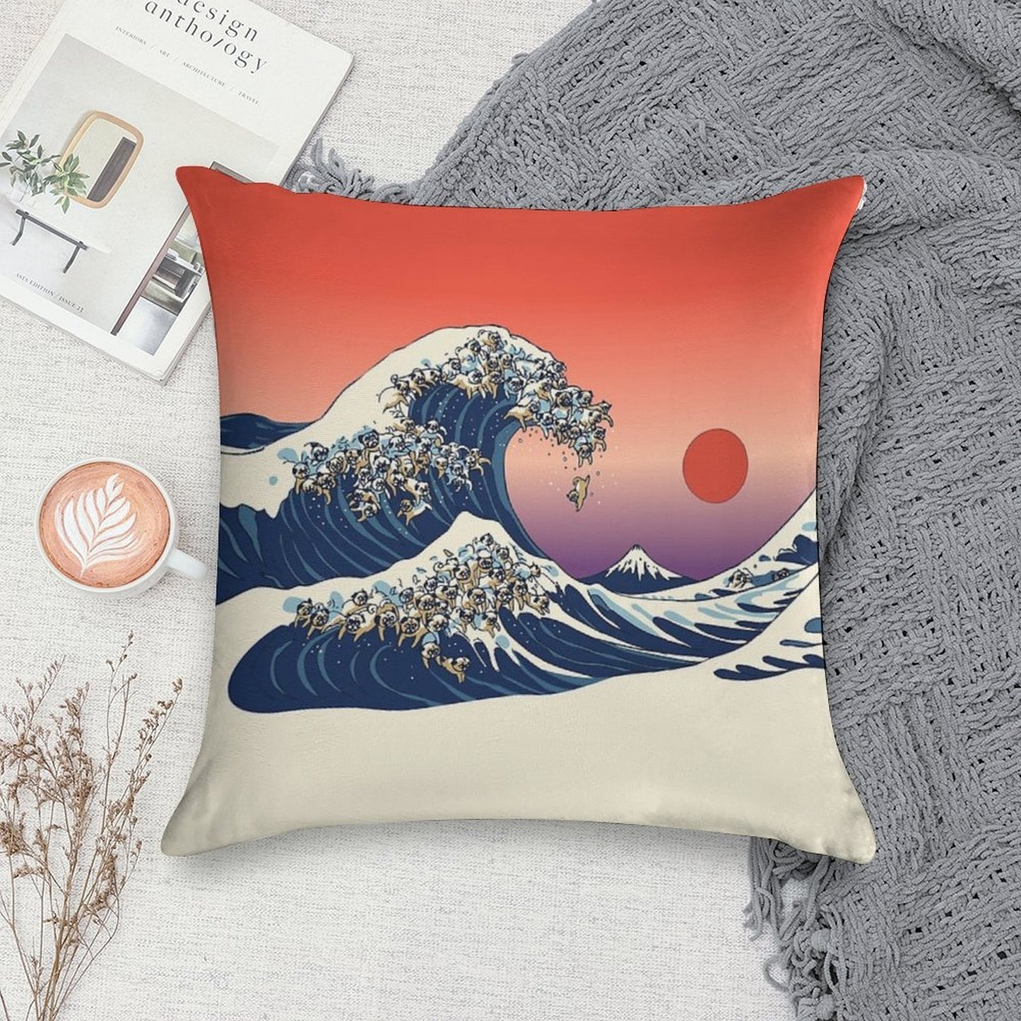 The Great Wave of Pug Soft High-Density Material Throw Pillow