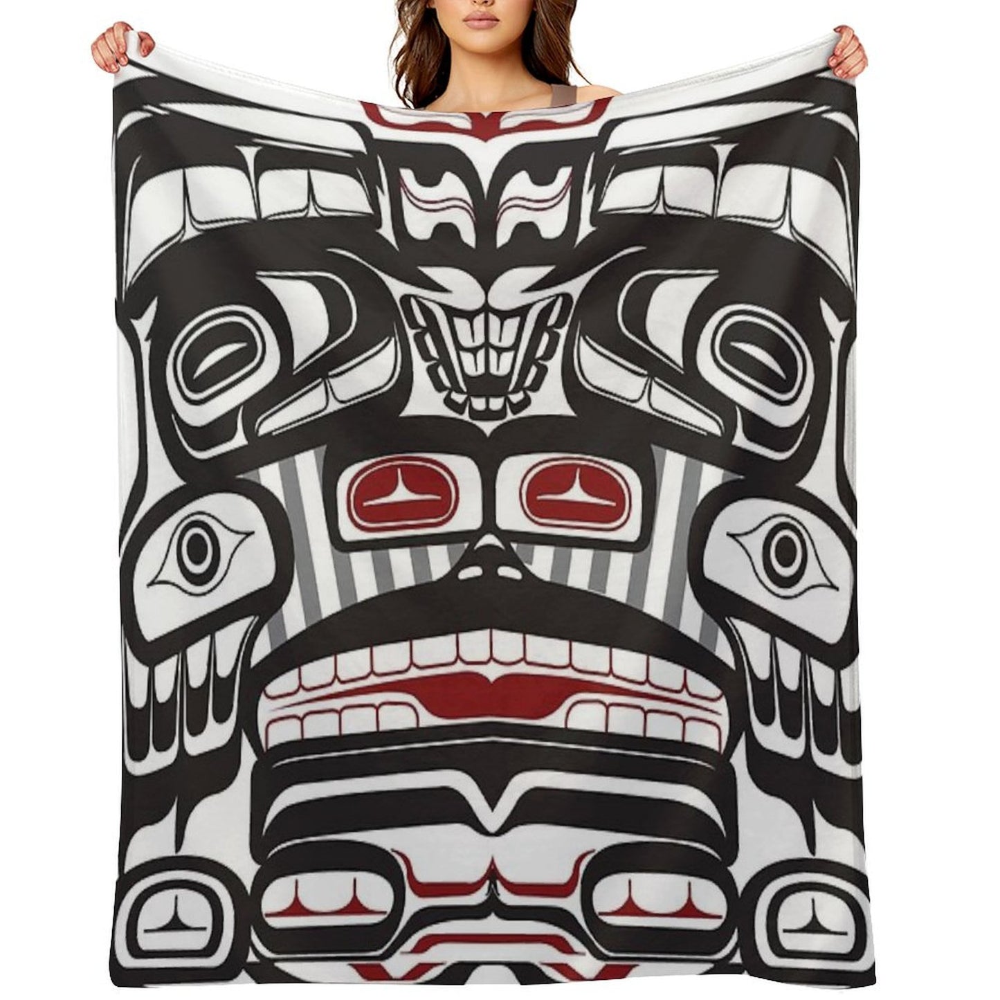 Thunderbird Bear Orca Totem Pole, Coastal Salish Haida Pacific North West Formline Design Native American Throw Blanket