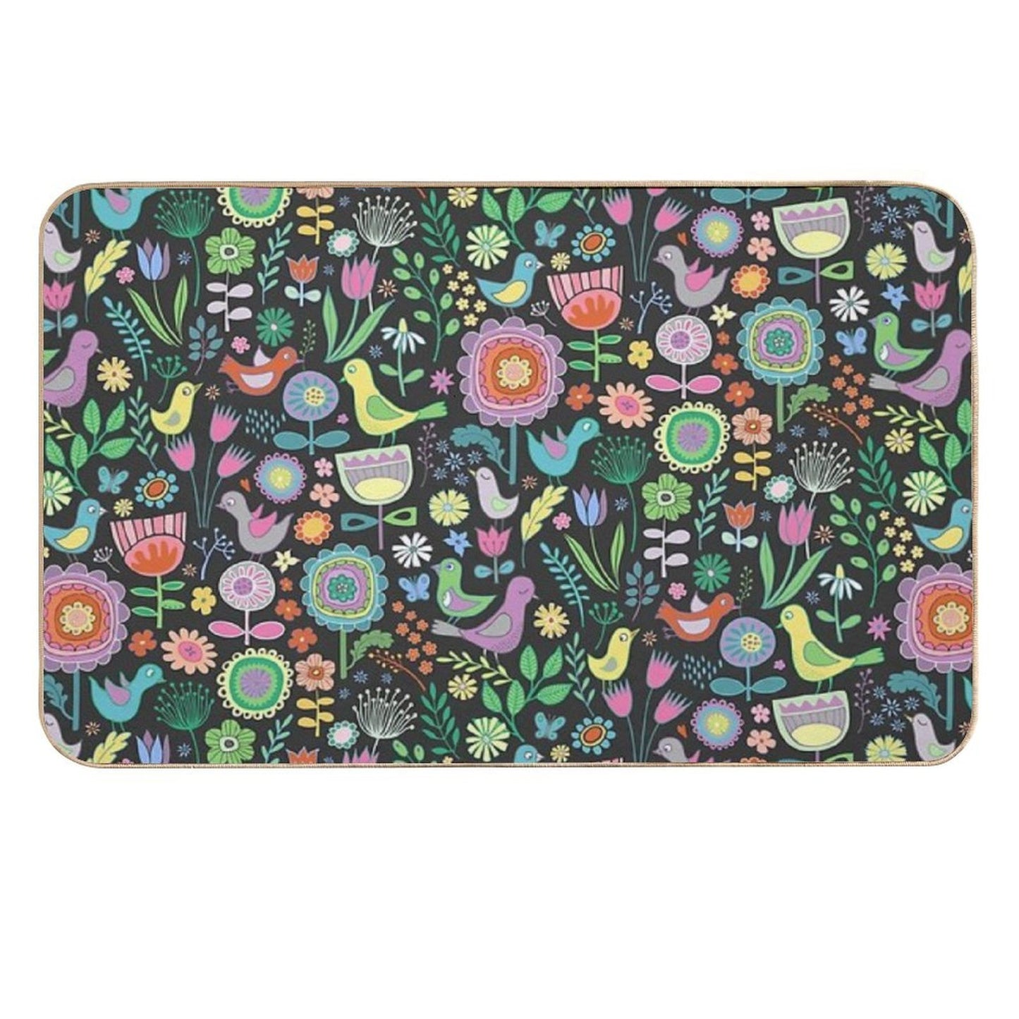 Birds And Blooms - Pastels on Black - Pretty Floral Bird Pattern by Cecca Designs Rapid-Drying Bath Mat