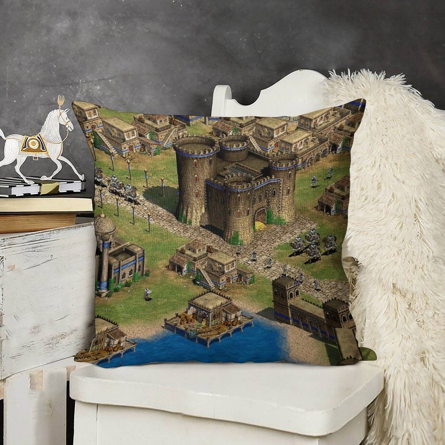 Age of Empires 2 Oriental Town Linen Throw Pillow Cover