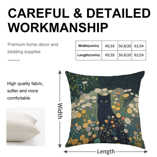 Cat in Klimt Garden Inspiration Linen Throw Pillow Cover