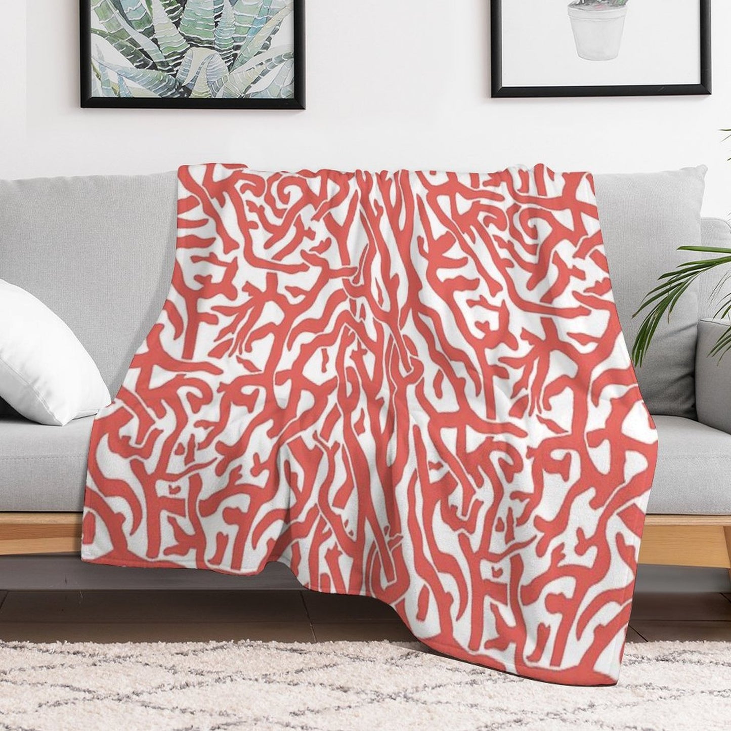Coral Reef Pattern Reddish Coral White Coastal Beach House Throw Blanket