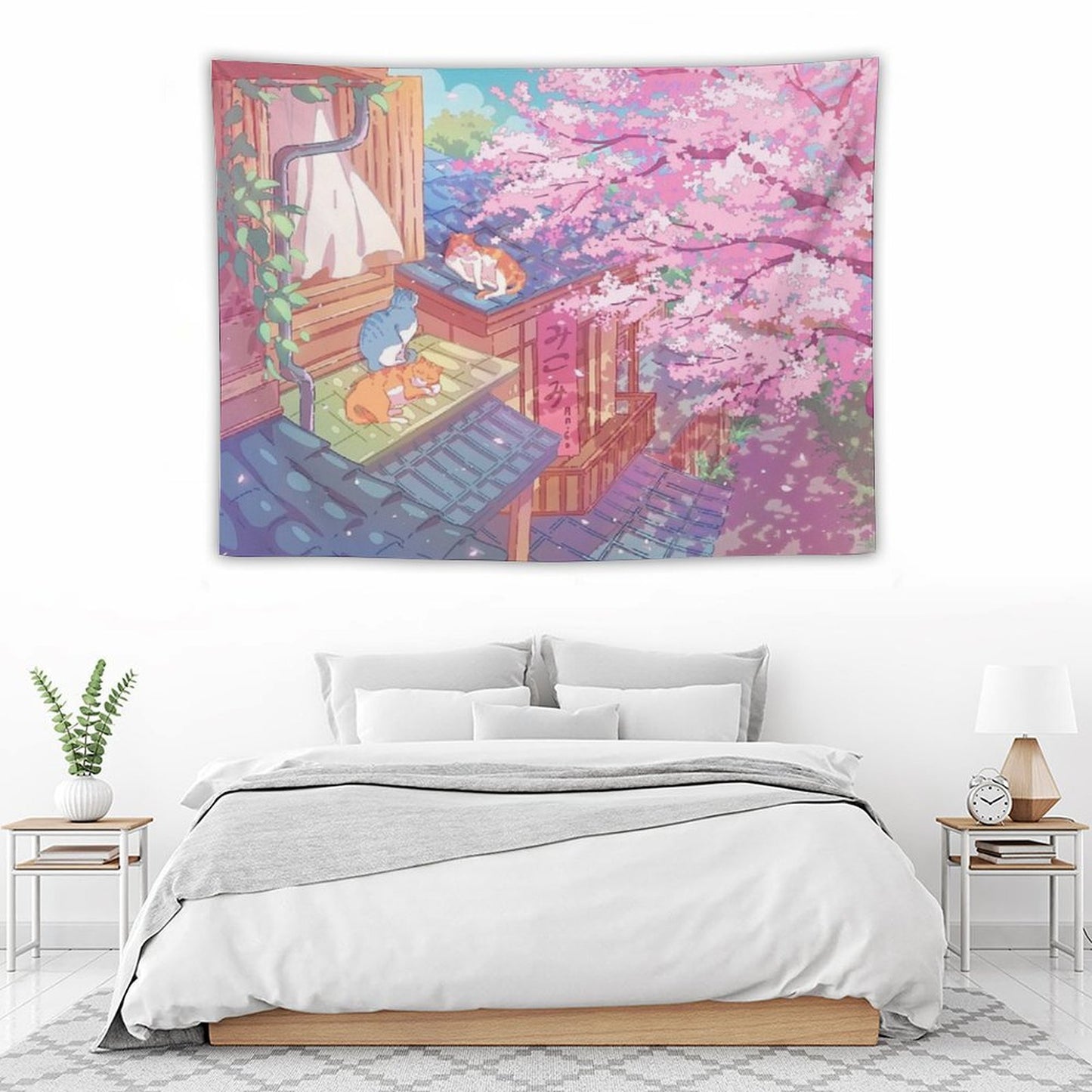 The Cute Cats, Rooftops, And Pink Cherry Blossom Tapestry