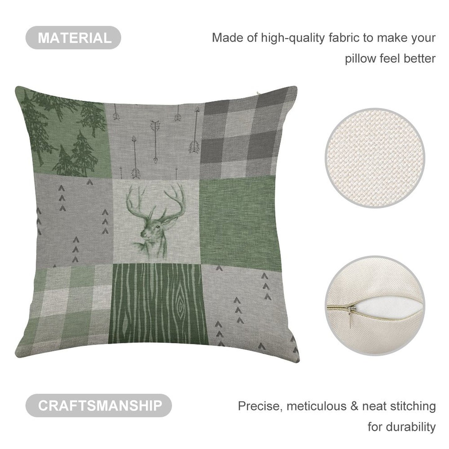 Rustic Deer Patchwork - GreenGrey Linen Throw Pillow Cover