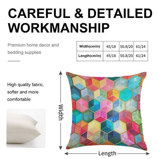 Crystal Bohemian Honeycomb Cubes - Colorful Hexagon Pattern Linen Throw Pillow Cover