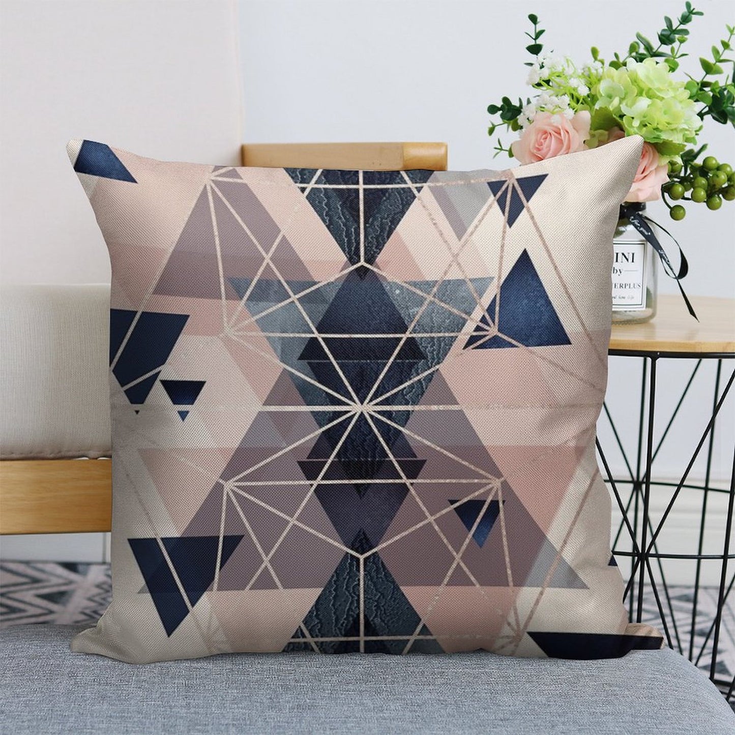 Blush Navy Geometric Linen Throw Pillow Cover