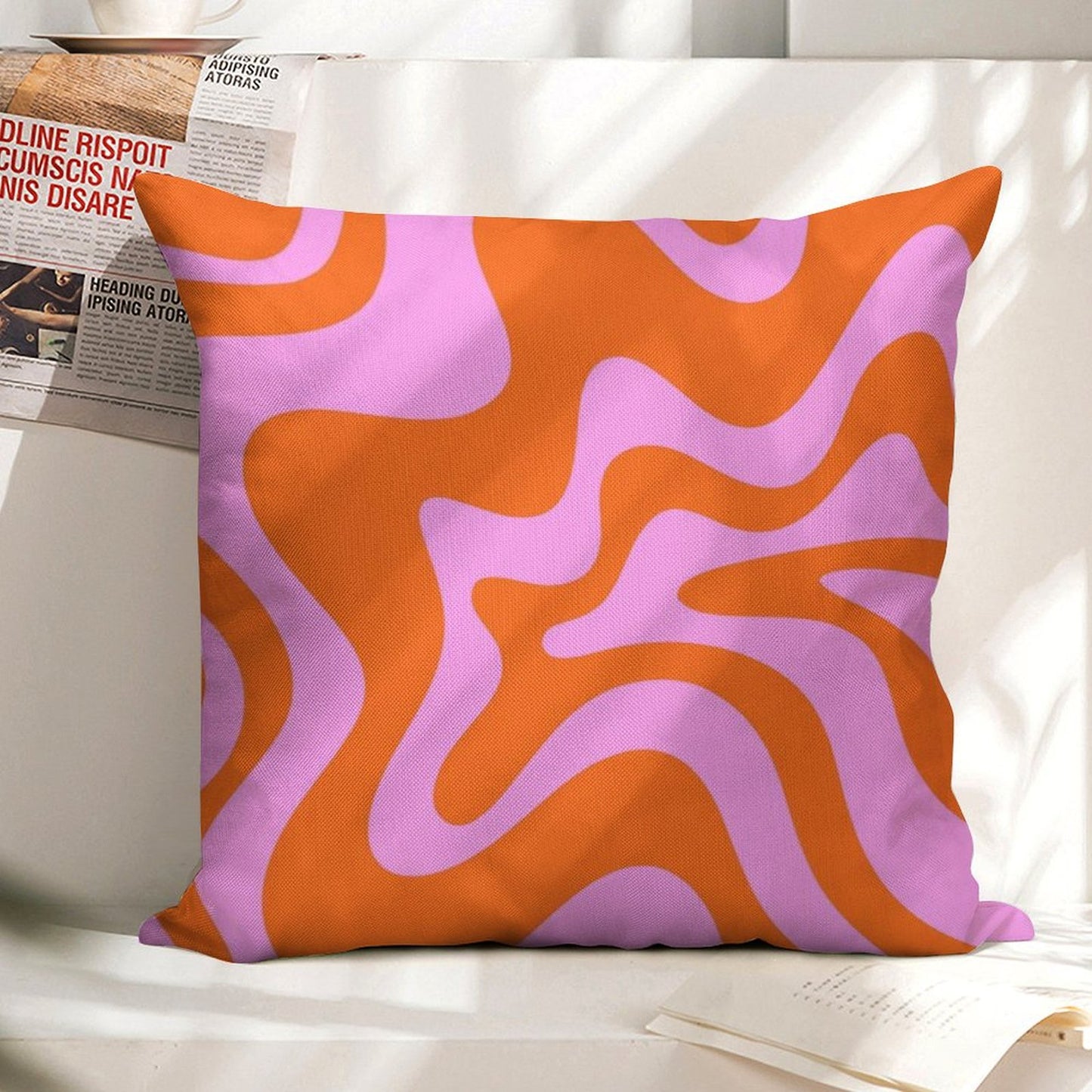 Retro Liquid Swirl Abstract Pattern Square in Hot Pink And Red-Orange Linen Throw Pillow Cover