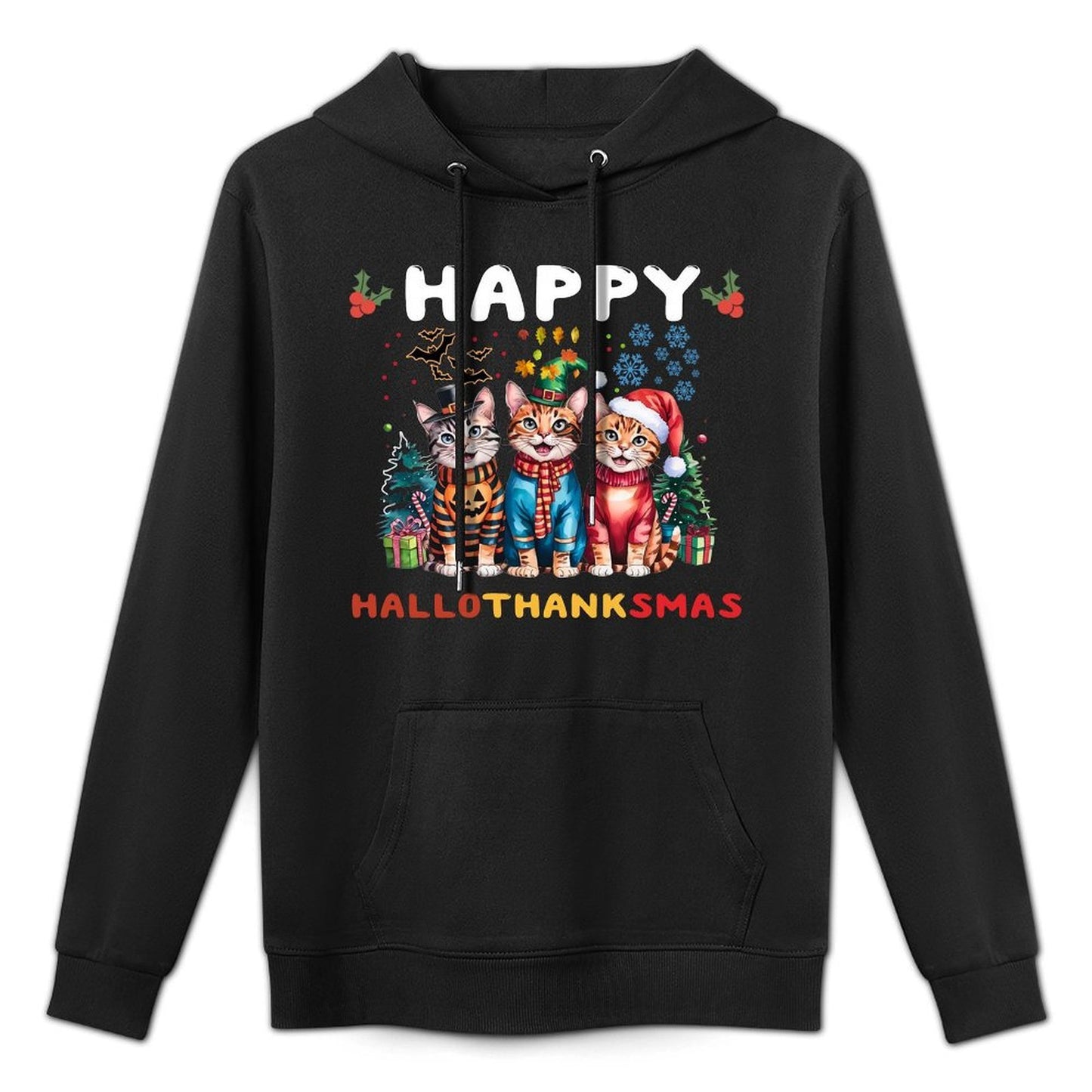 Happy HalloThanksMas Cats Halloween Thanksgiving Christmas Casual Wear Hoodie