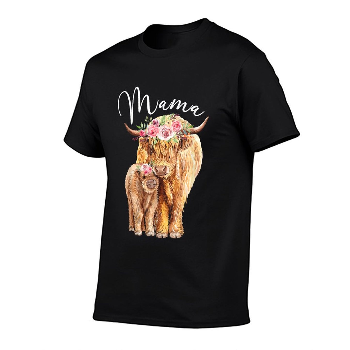 Mama Highland Cow With Baby Calf Floral Mothers Day Mom Gift T-Shirt
