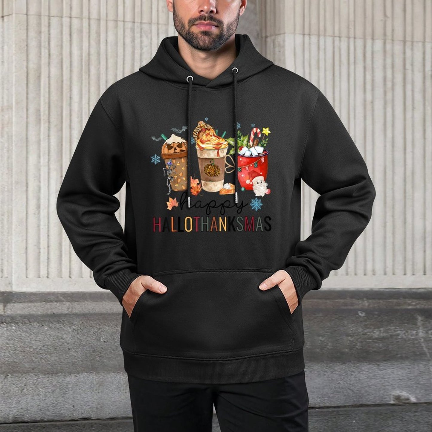 Happy Hallothanksmas Coffee Halloween Thanksgiving Christmas Medium-Weight Fabric Hoodie