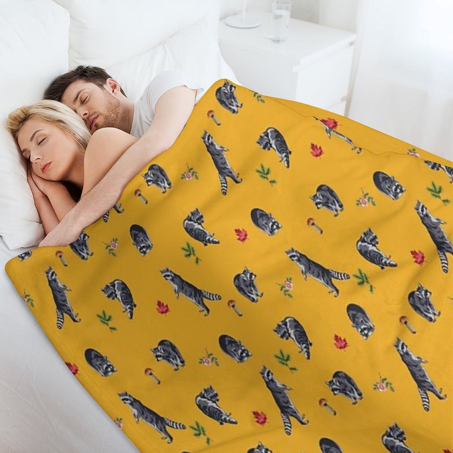 Mustard Raccoon Pattern Throw Blanket