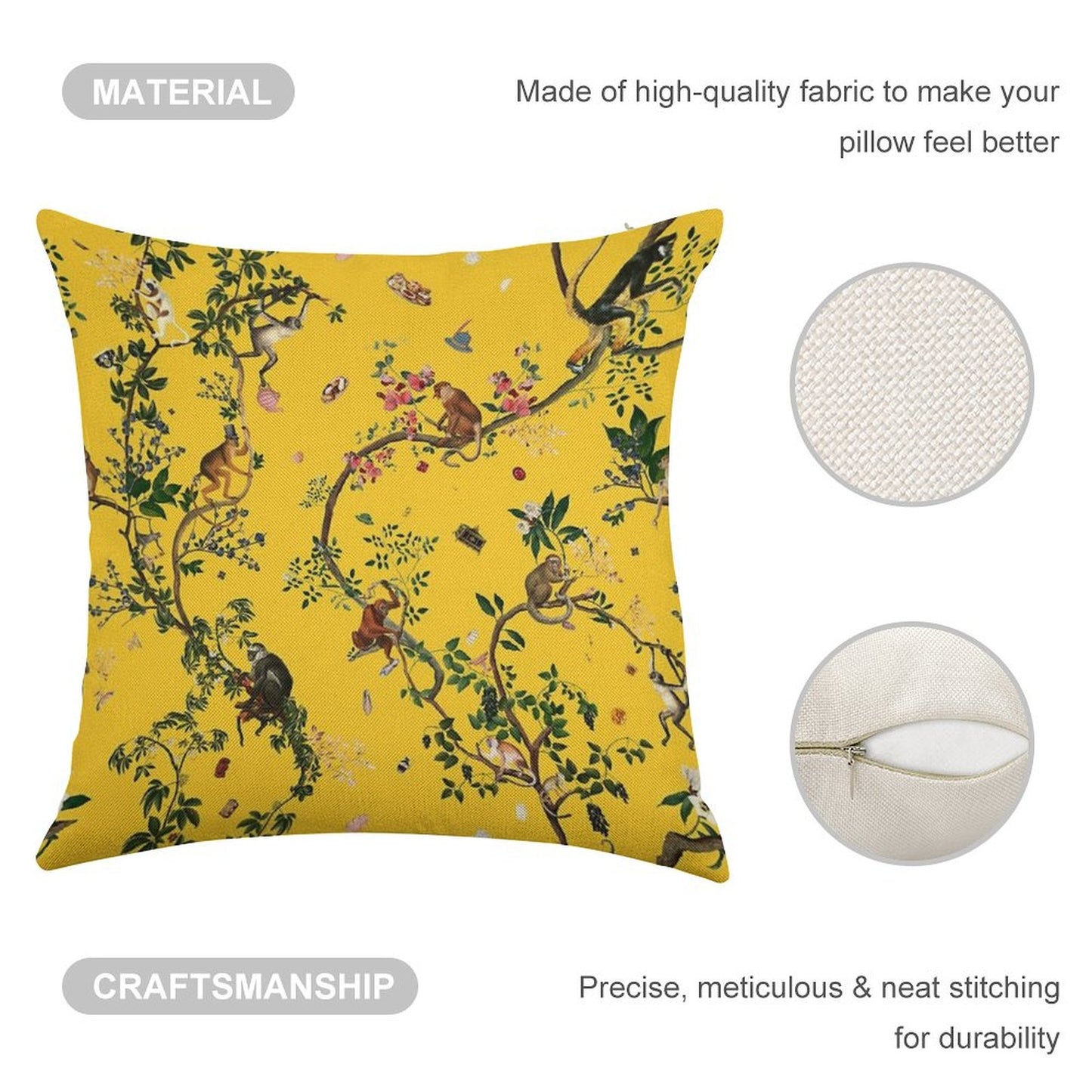 Monkey World Yellow Linen Throw Pillow Cover