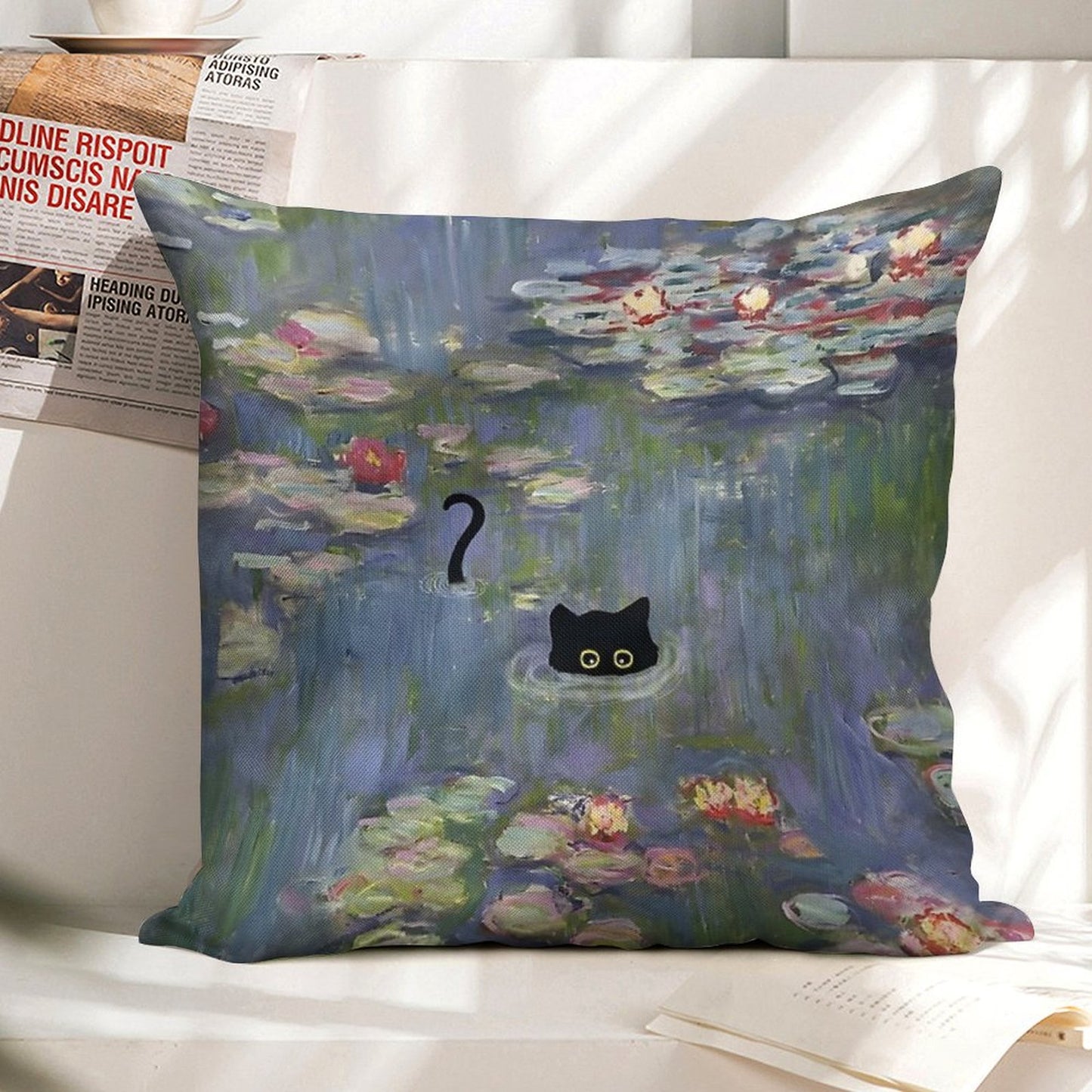 Cat Monet Waterlily Linen Throw Pillow Cover