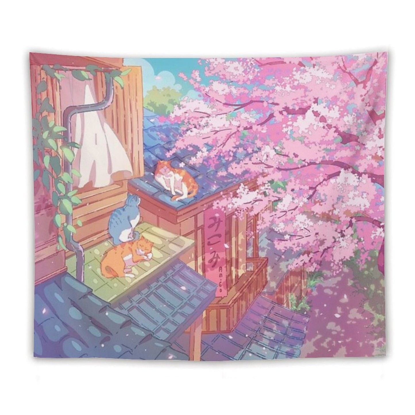 The Cute Cats, Rooftops, And Pink Cherry Blossom Tapestry