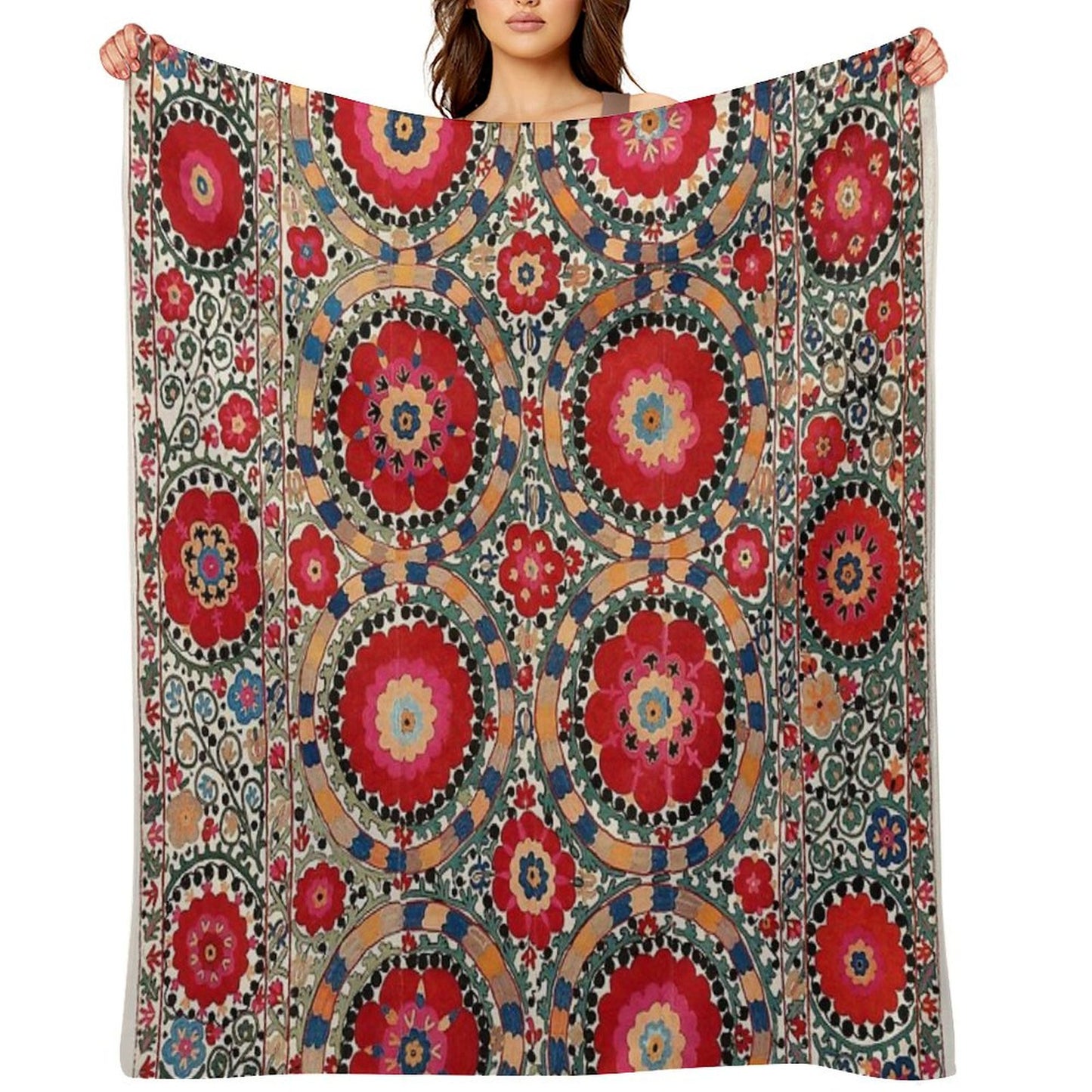 Karabag Suzani Uzbekistan Embroidery Print Throw Blanket