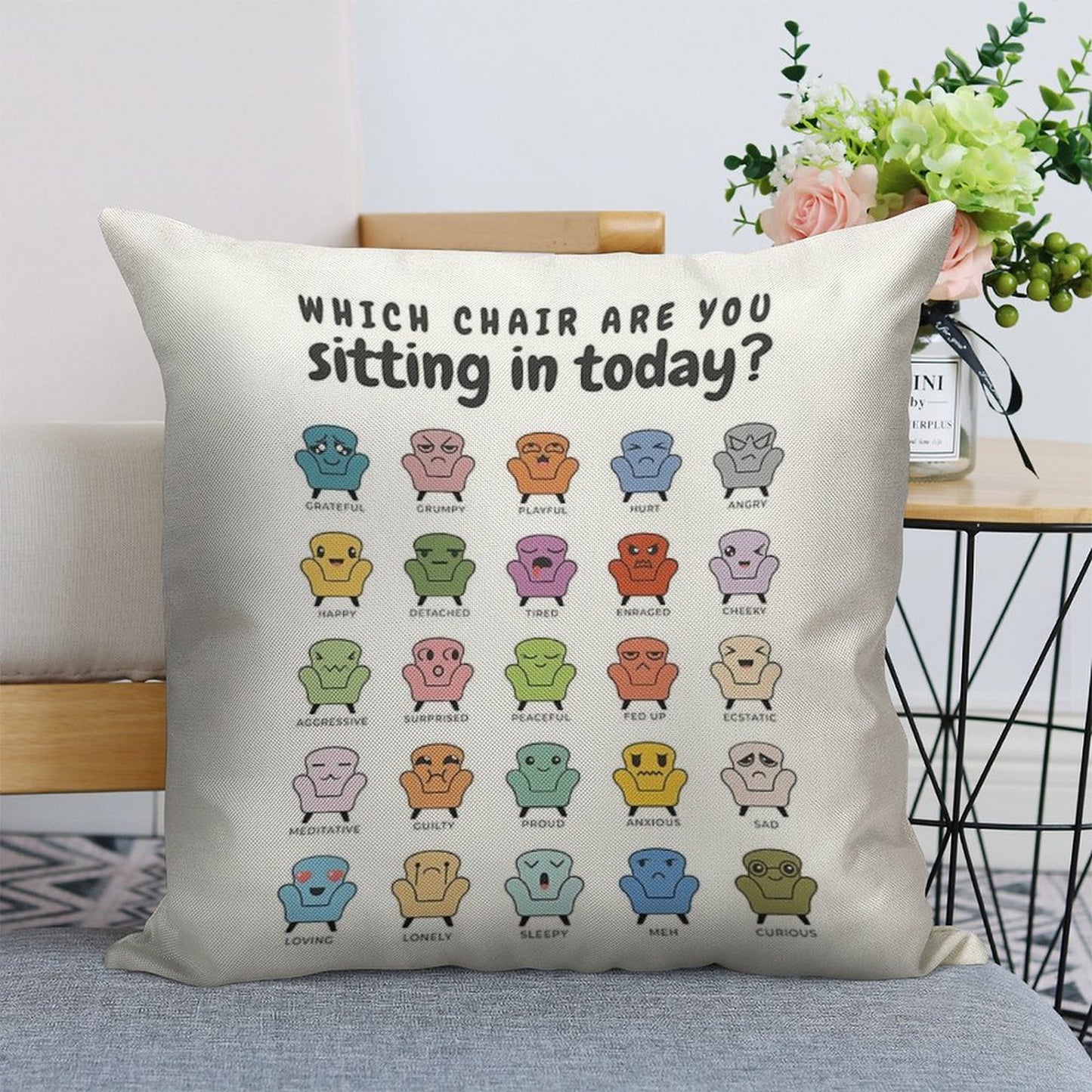 Chair Feelings, Emotions Chart, Mental Health, Therapy Office, Therapist Gift, Counsellor Tools, School Counselor, Mood Chart, S Linen Throw Pillow Cover