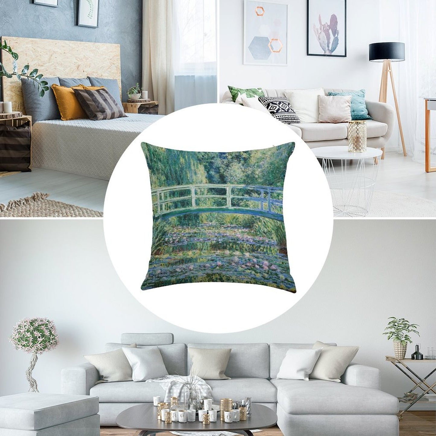 Water Lilies And Japanese Bridge, Claude Monet Linen Throw Pillow Cover