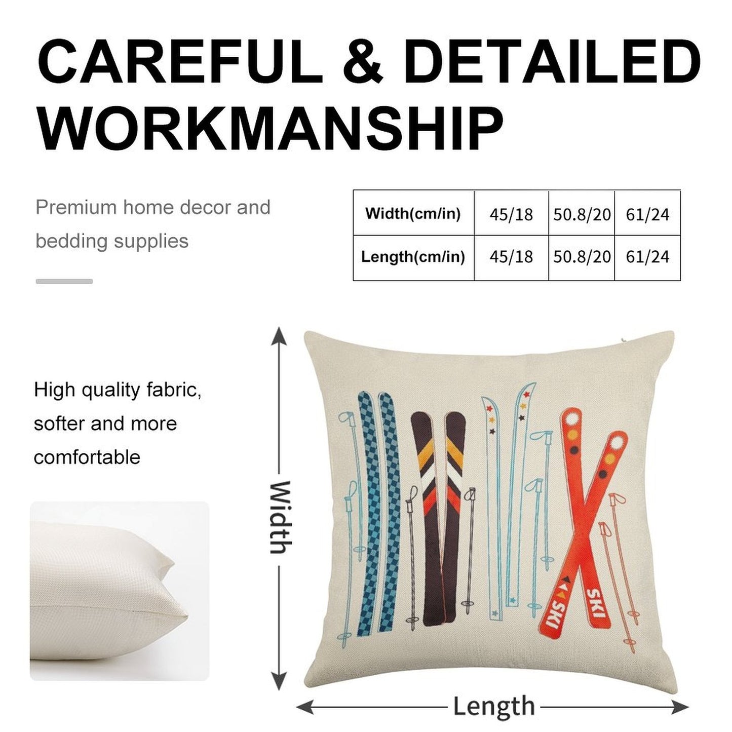 Colorful Retro Ski Illustration Linen Throw Pillow Cover