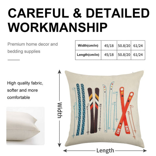 Colorful Retro Ski Illustration Linen Throw Pillow Cover